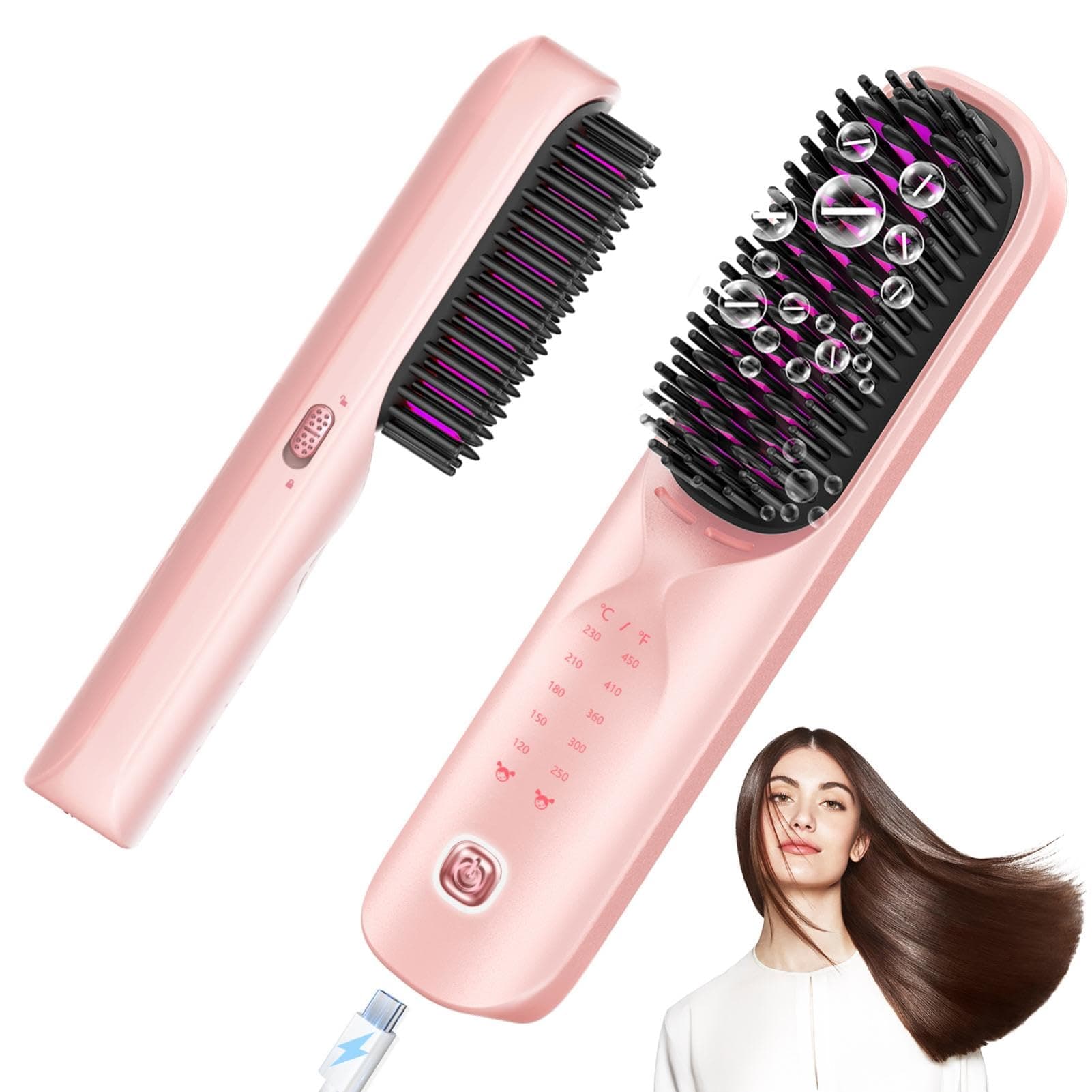 Bopcal Brosse Lissante Sans Fil 10000 mAh - 3 en 1 Brosse Lissante pour Cheveux avec des Millions d'ions Négatifs, Chauffage Rapide, pour Voyage & Powerbank