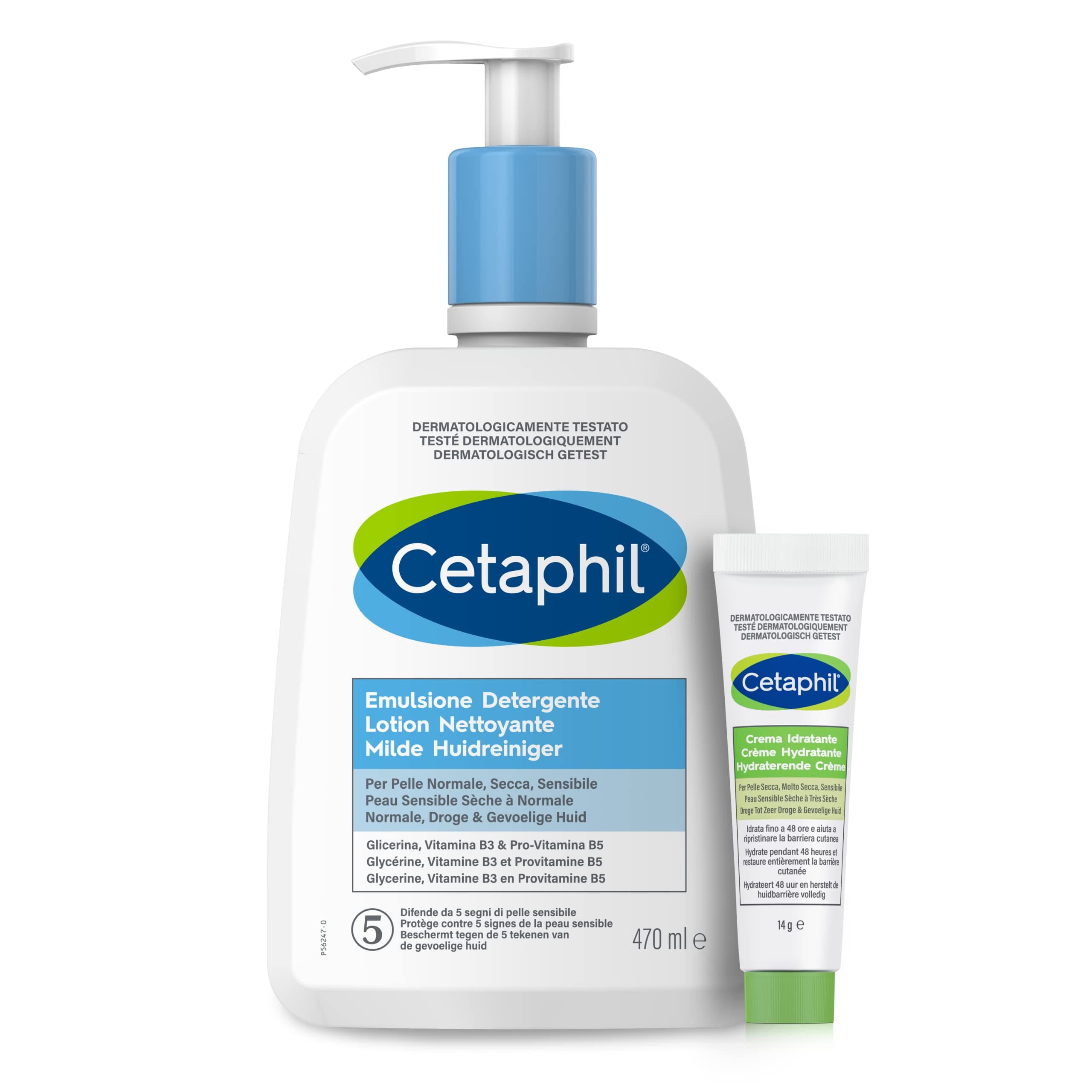 Cetaphil Emulsione Detergente Viso e Corpo, Senza Profumo, Formato 470 ml + Crema Idratante Viso e Corpo, Senza Profumo, Formato Viaggio 14 g