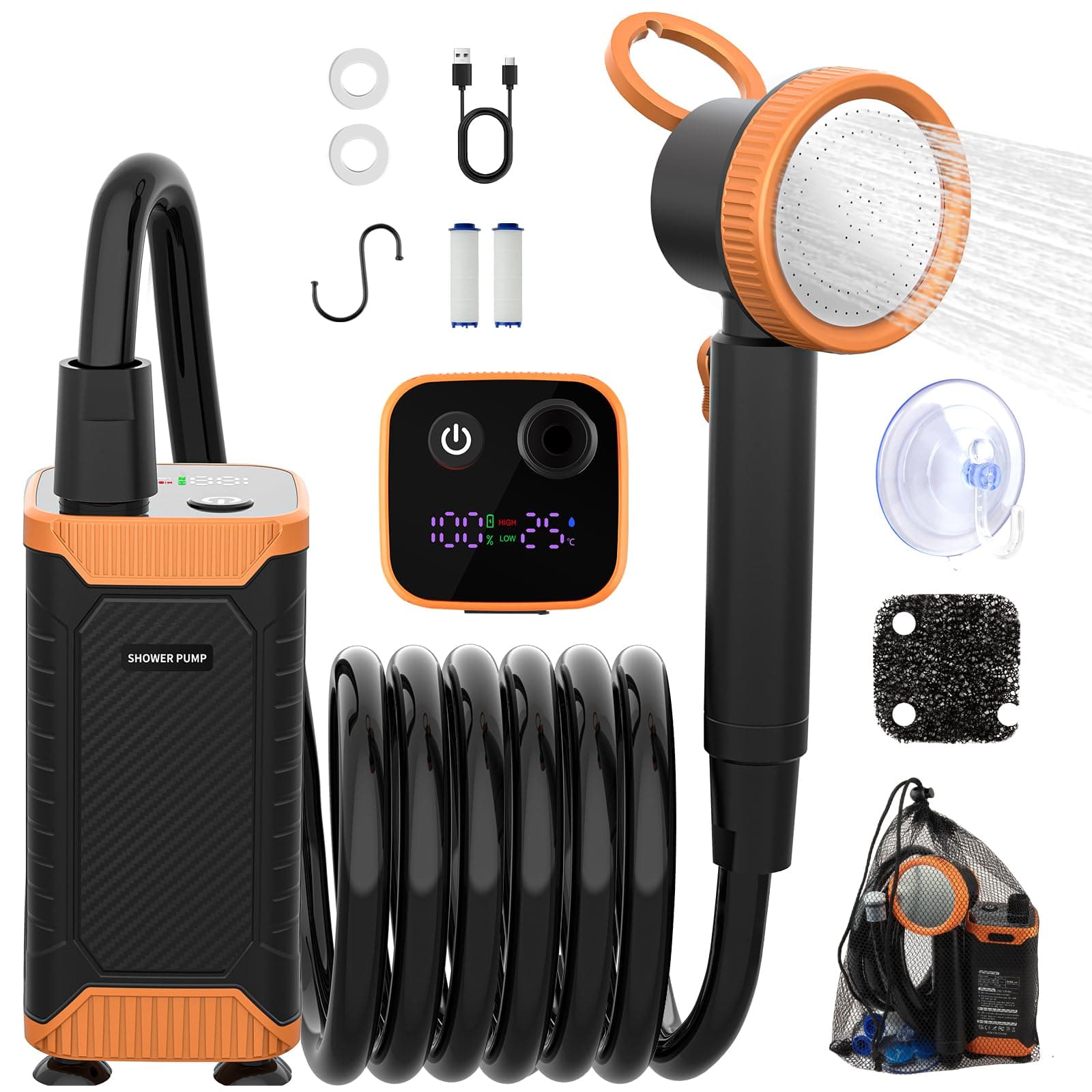 Uplayteck Ducha portatil Camping 8000mAh, 150 min de Uso, Recargable | Sumergible IPX8, con Filtro de Agua, Cabezal de Ducha, Manguera de 2m y Pantalla Digital, Kit Ducha Portátil