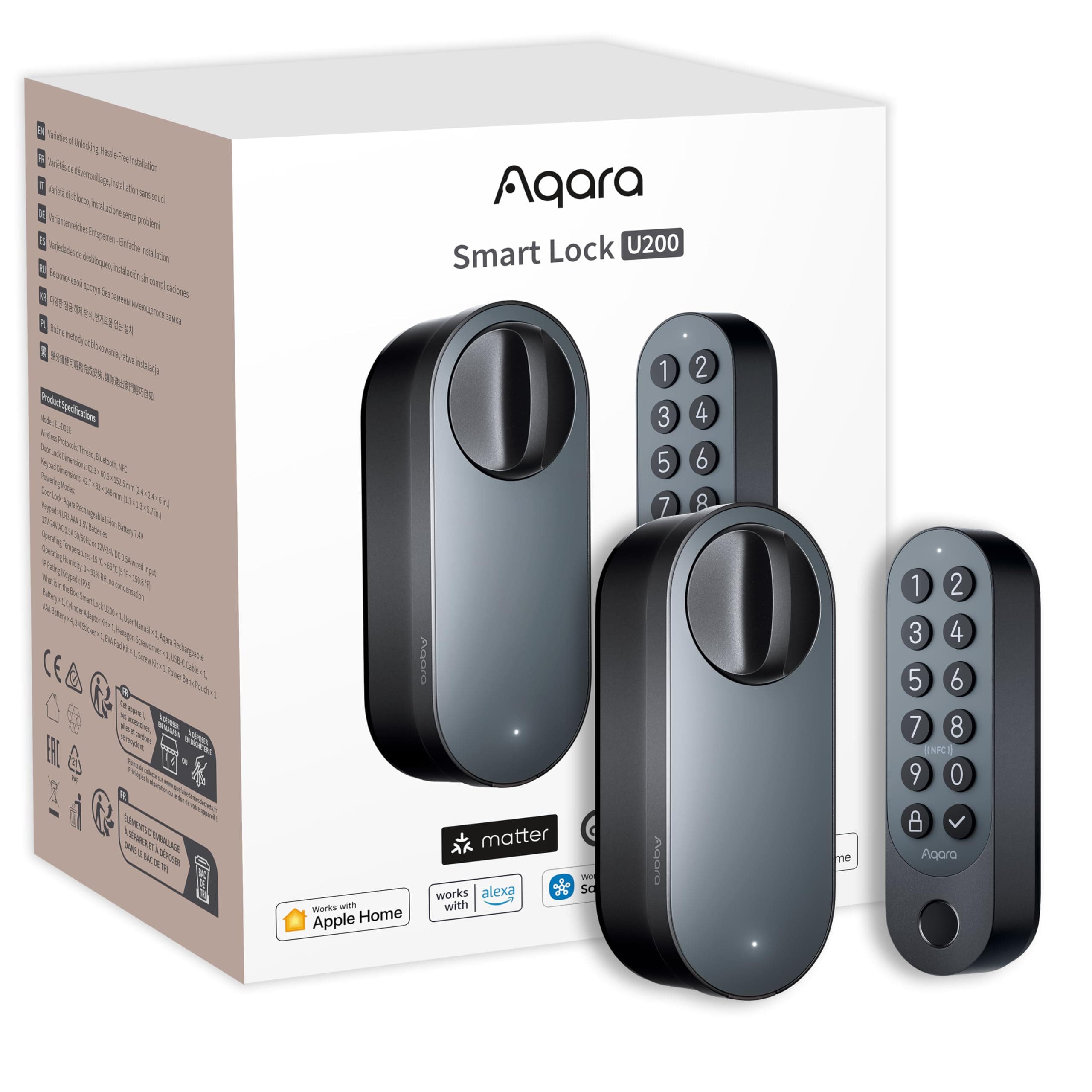 Aqara Cerradura Inteligente U200 con Lector de Huella Digital, Matter Over Thread, Cerradura Electronica Sin Llave con Apple Home Key y Batería Recargable, Soporta Apple Home, Google Alexa,Negro