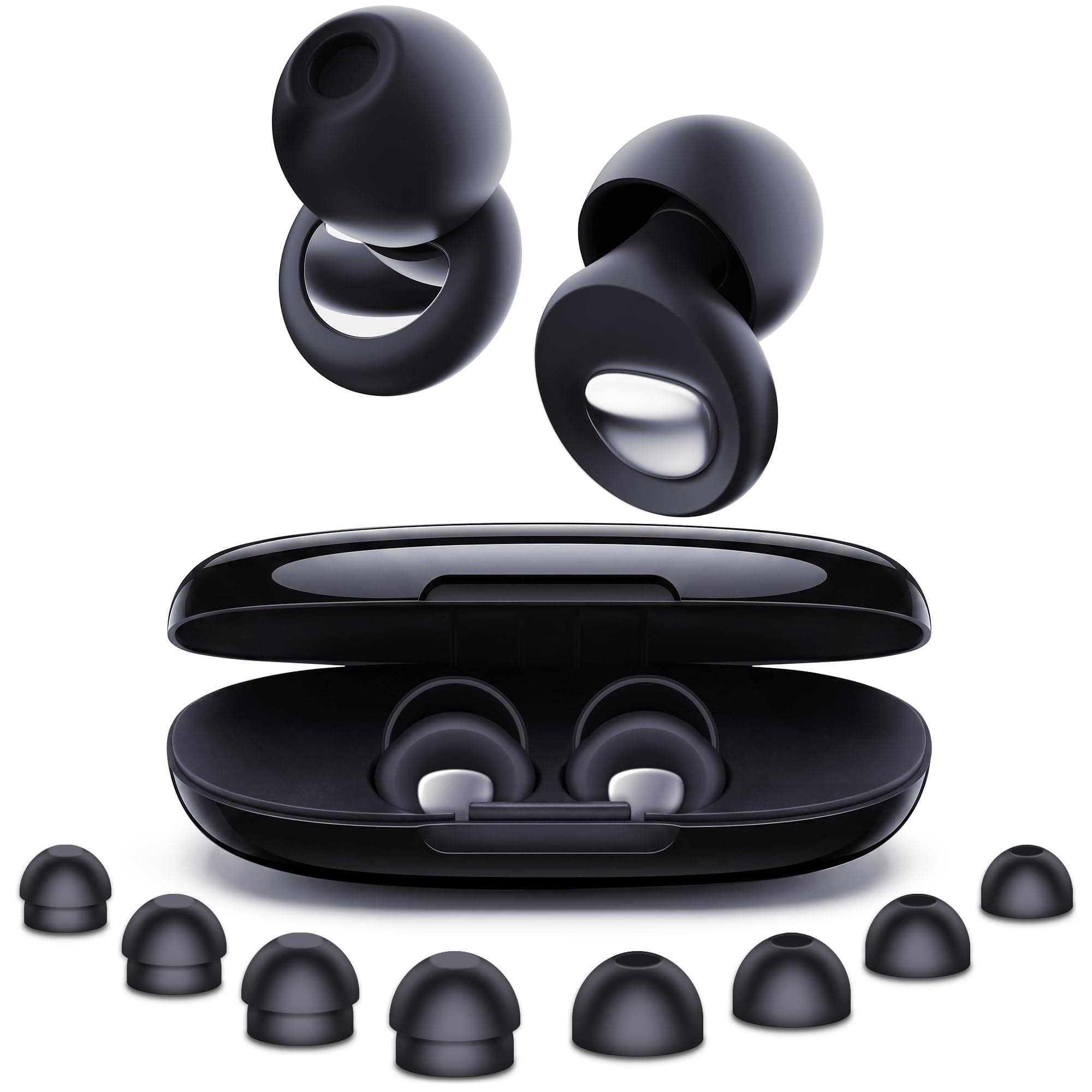 Tapones Oídos Ruido Dormir 2.0, 46 dB MuteCore, Silicona, Negro | Silicona Suave de Perfil Bajo para Dormir de Lado, 4 Tallas XS-L, Reutilizables con Estuche para Viaje y Concentración.