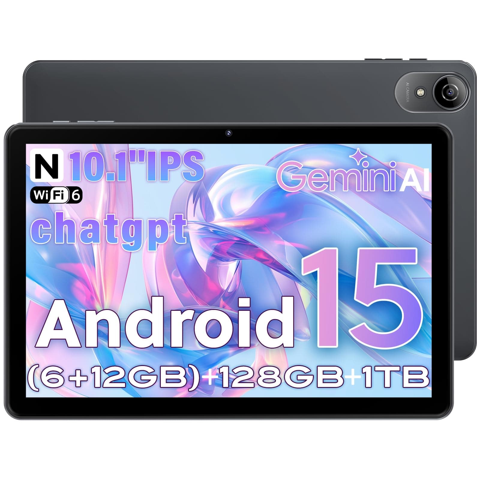 UBDXBD Tablet 10 Pulgadas Android 15 Gris, Gemini AI, 18GB RAM (6+12) 128GB, T30 Octa-Core, Pantalla IPS HD, 6000mAh, WiFi 2.4/5G, GPS, GMS Certificado, Face ID, Type-C, BT, TF 1TB, Gray
