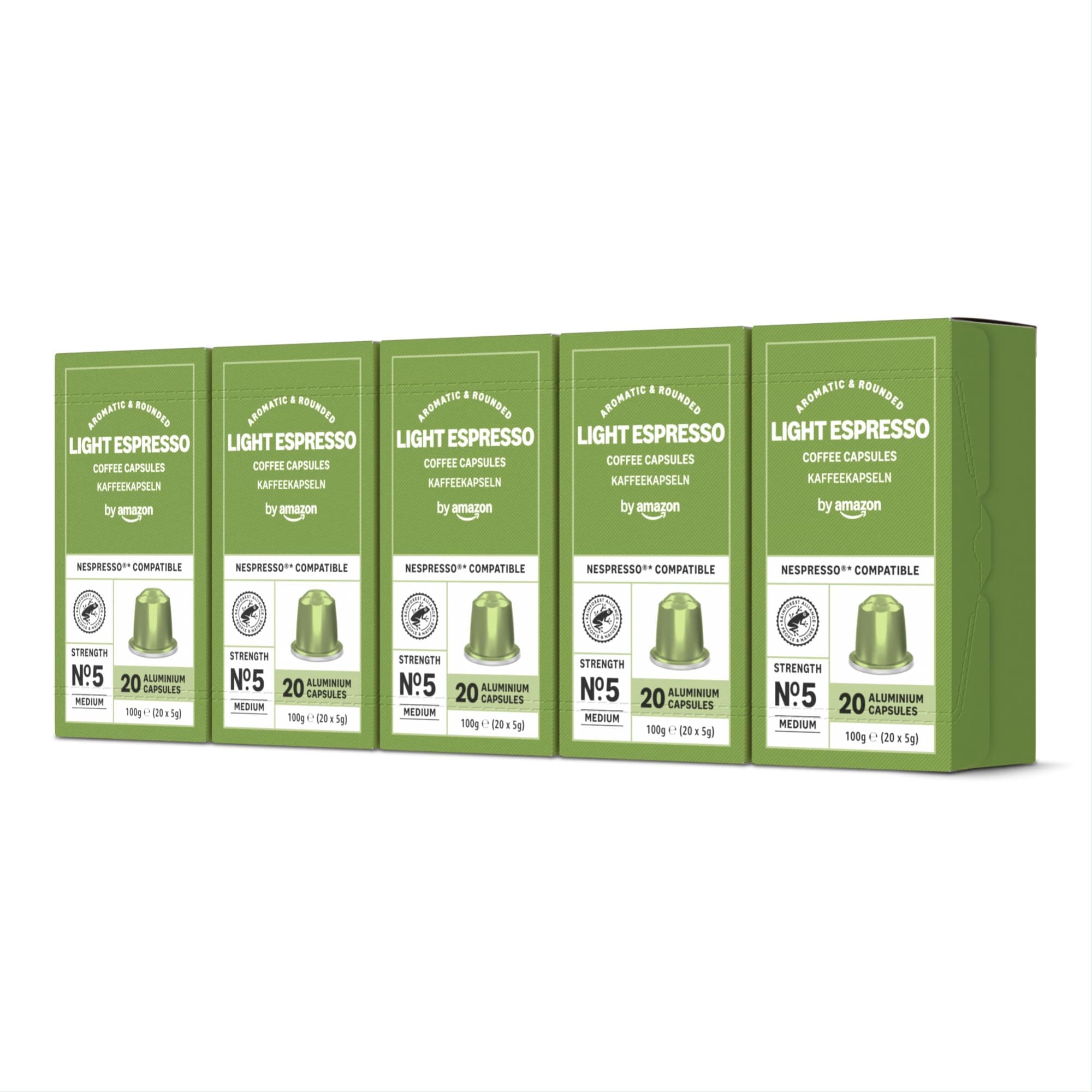 by Amazon Capsule di caffè espresso gusto leggero compatibili Nespresso, Confezione da 100 (5 confezioni da 20) - Certificato Rainforest Alliance