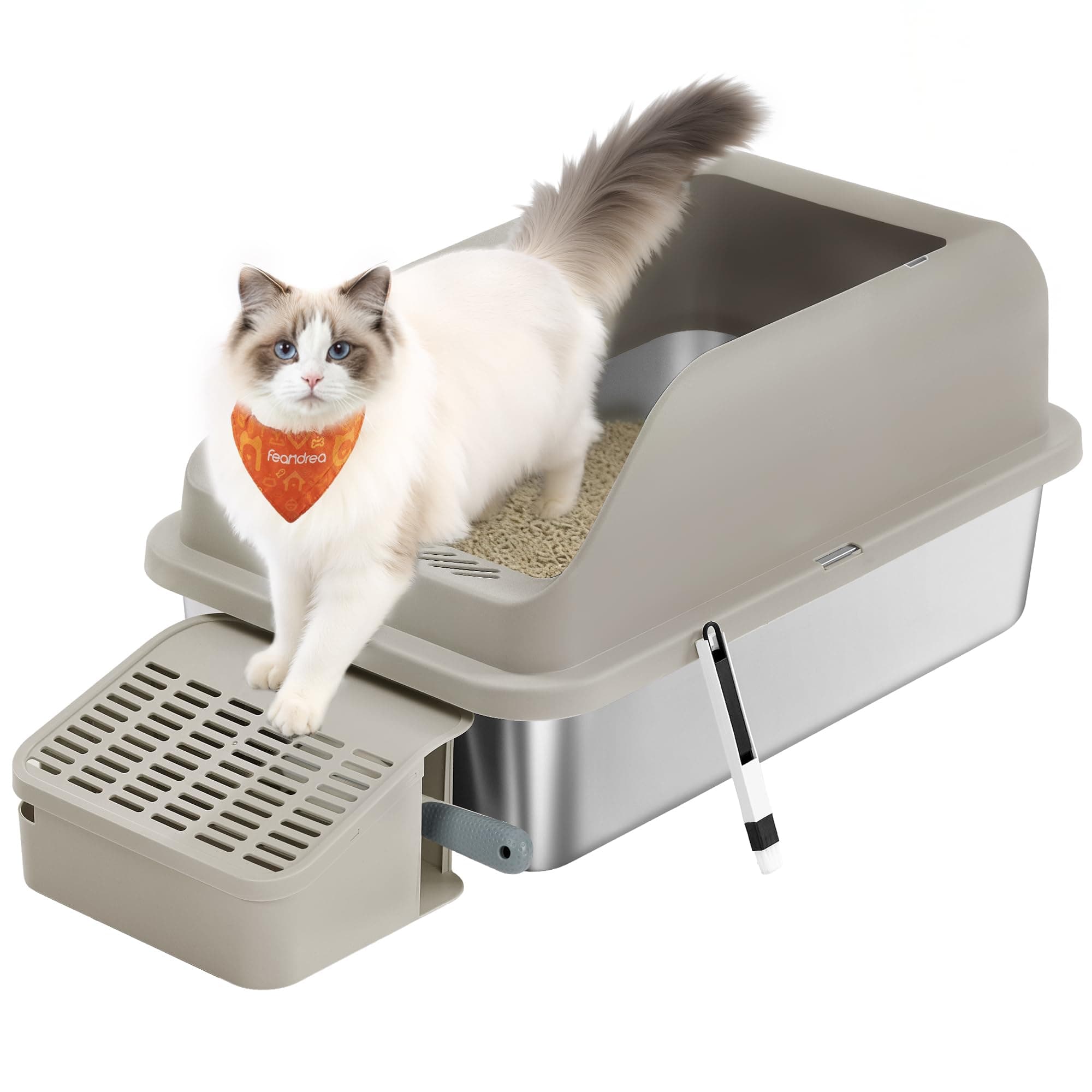 Feandrea Bac à Litière pour Chat, en Acier Inoxydable, à Bords Hauts, Dessus Ouvert, Marche, Pelle, Brosse, pour Chats Jusqu’à 15 kg, Marron café PPT008K101