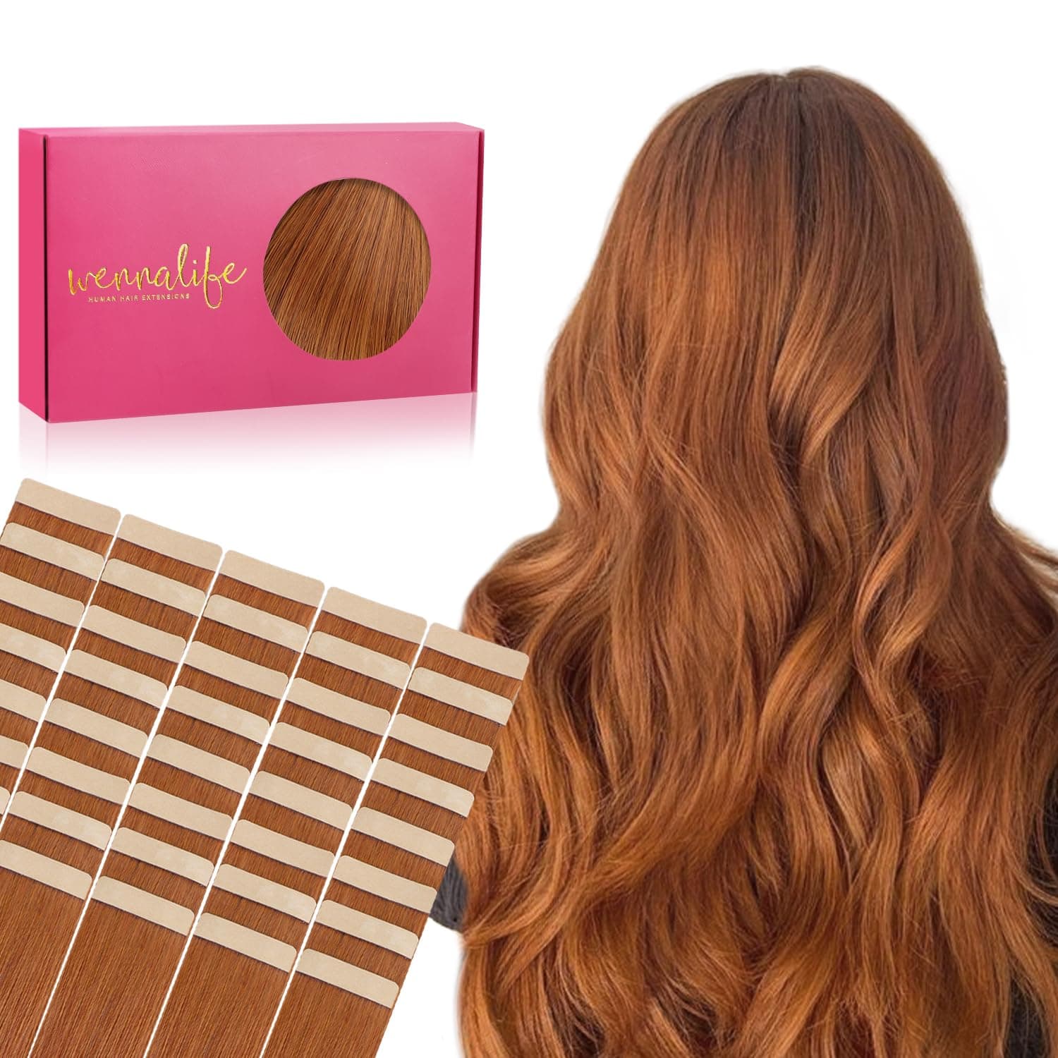 WENNALIFE Extension Capelli Veri Biadesivo, 40pz 50cm 100g Zenzero Sporco Extension Biadesive Capelli Veri Lisci Remy Tape in Hair Extensions Capelli Setosi