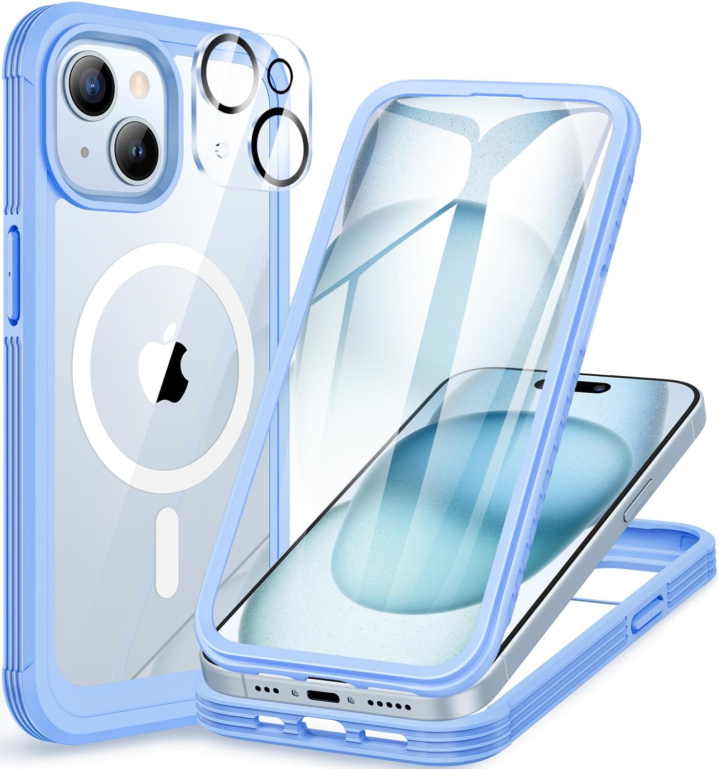 CENHUFO Magnétique Coque iPhone 15 Plus, Compatible avec MagSafe intégré Verre Trempé Protection écran et Protecteur Caméra, 360° Antichoc Téléphone Housse Double Face Case Intégrale Etui - Bleu