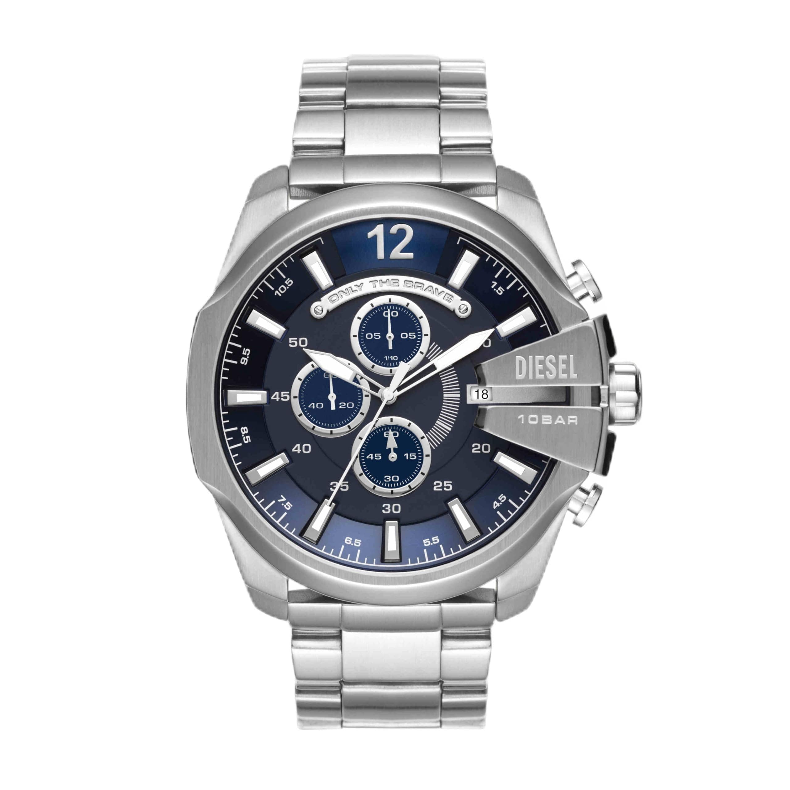 Diesel Reloj para hombre Mega Chief, movimiento cronógrafo de cuarzo, caja de acero inoxidable plateado de 59 mm con correa de acero inoxidable, DZ4308