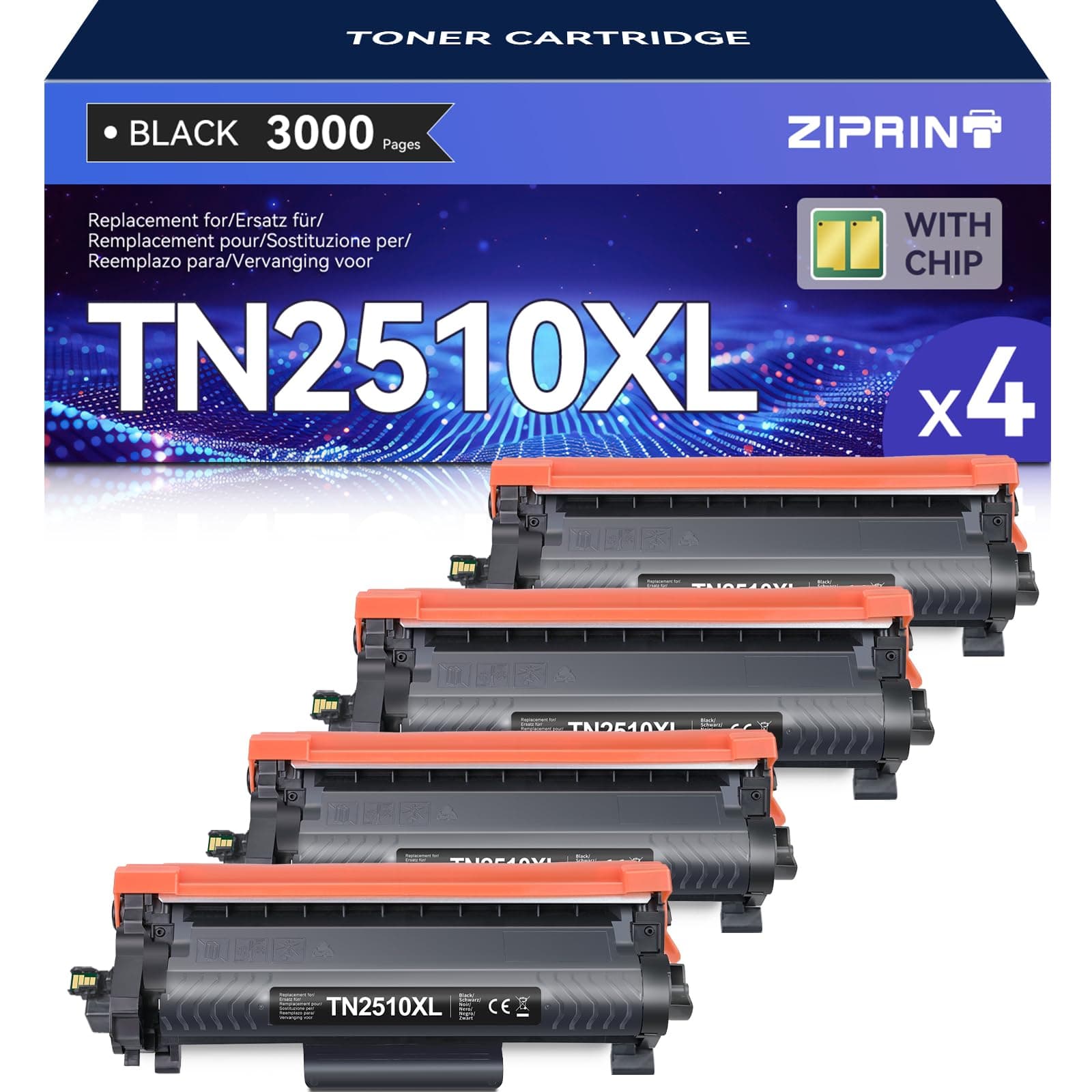 ZIPRINT TN2510XL TN-2510XL Confezione da 4 pezzi - Compatibili per Brother MFC-L2800DW MFC-L2827DW HL-L2400DWE MFC-L2860DWE MFC-L2835DW DCP-L2665DW DCP-L2620DW HL-L2445DW DCP-L2660DW (Nero)