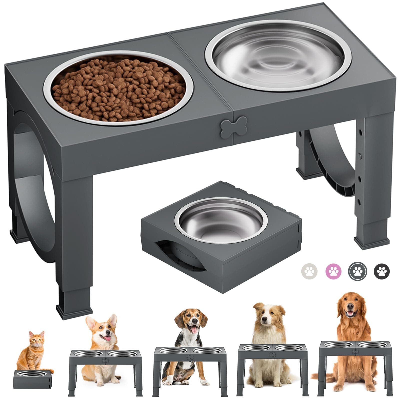 X XBEN Ciotole Rialzate per Cani Piccoli, Medi e Grandi, Ciotole per Cani con 5 Altezze Regolabile e con 2 Ciotole in Acciaio Inox da 1200 ML, Pieghevole e Antiscivolo