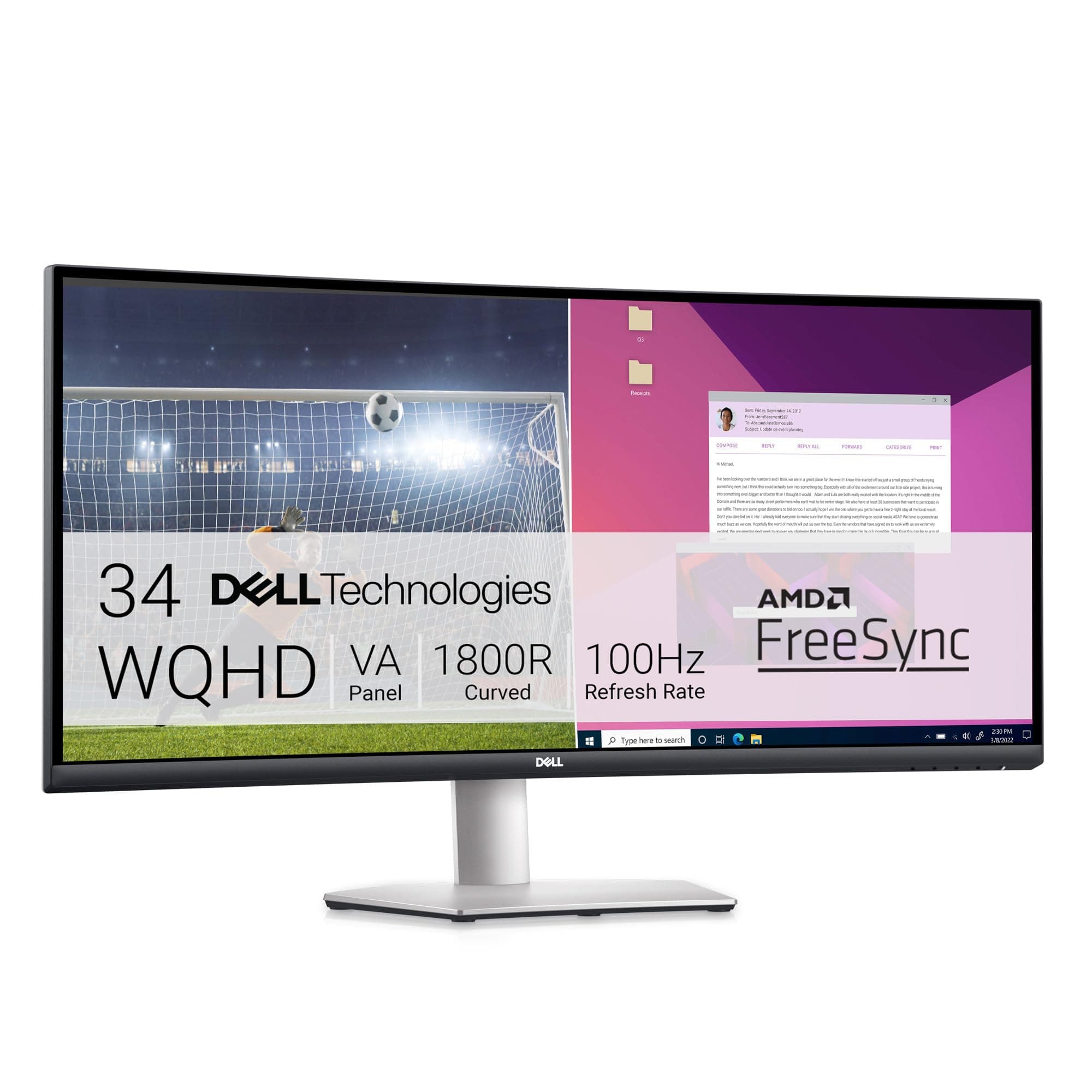 Dell S3423DWC USB-C 34" WQHD (3440x1440) 21:9 1800R Monitor Curvo, 100Hz, VA, 4ms, AMD FreeSync, 99% sRGB, Altavoces Integrados, USB-C, 2x HDMI, 3x USB, 3 Años de Garantía