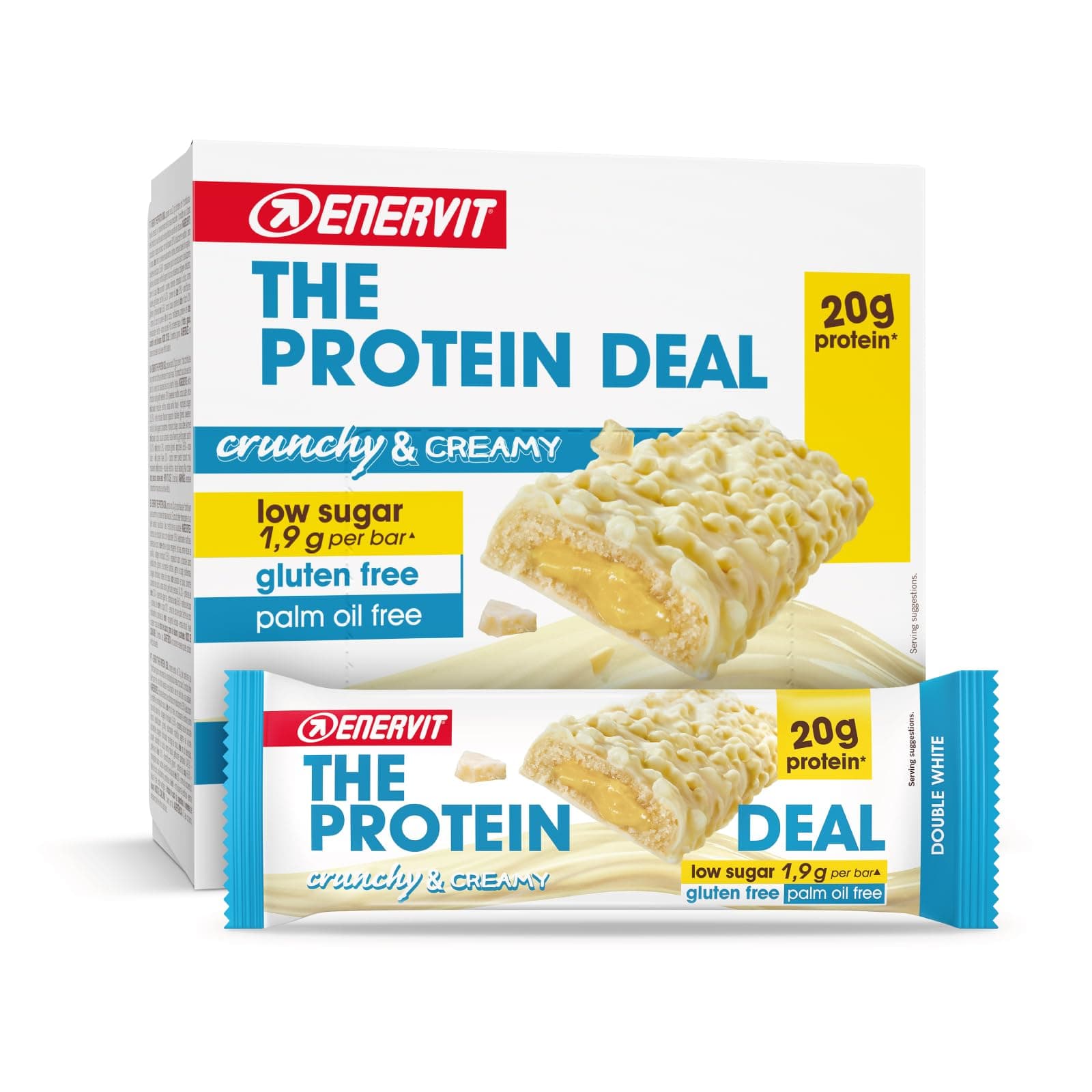 Enervit, The Protein Deal Double White, Barrette Proteiche, Gusto Cioccolato Bianco con Cuore Morbido, Snack Goloso, 20g di Proteine, 1,9g di Zuccheri, Senza Glutine, 12 Barrette da 55g