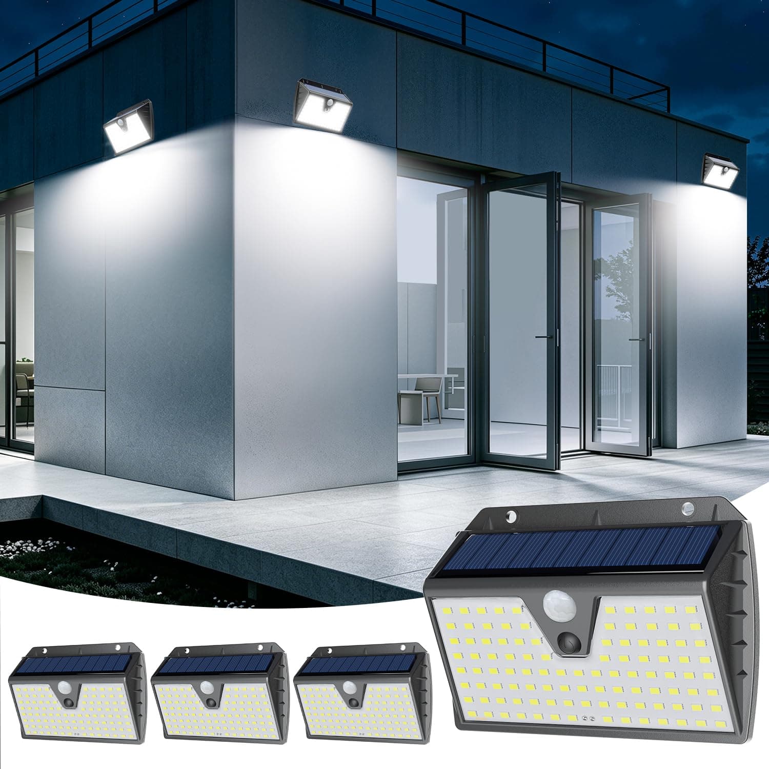 Giliwosy Luz Solar Exterior, 3 Modos Focos LED Exterior Solares con Sensor de Movimiento, 1200mAh, IP65 Impermeable Lámparas Solares Exterior Jardín para Garaje, Patio (4-Pack Blanco Frío)