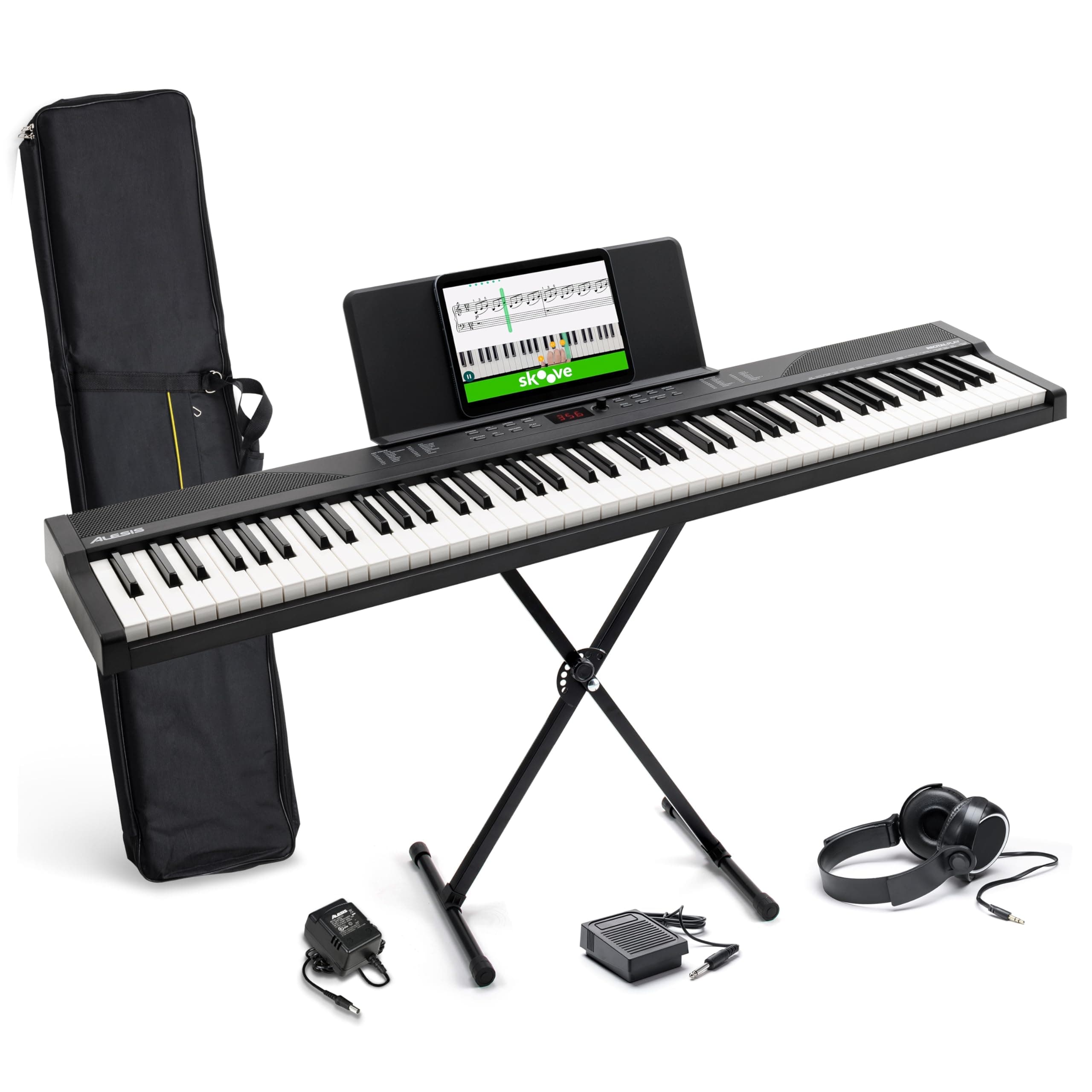 Alesis Pianoforte Digitale 88 Tasti con 480 Suoni, Altoparlanti, USB MIDI, Custodia da Trasporto, Cuffie, Pedale e Lezioni per Principianti