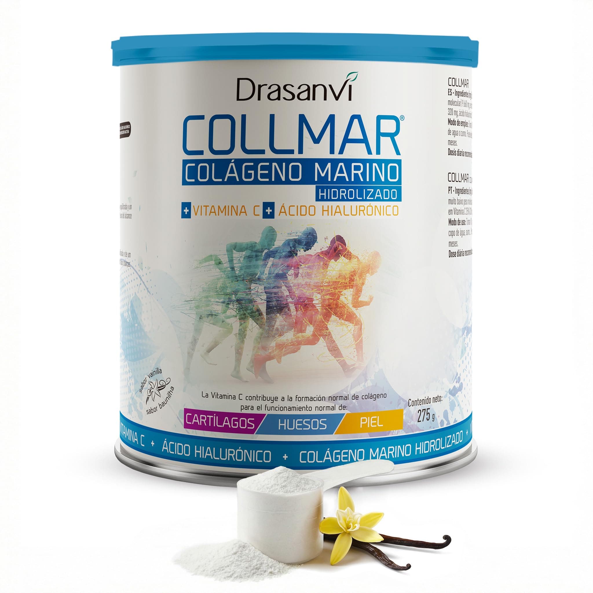 Drasanvi COLLMAR Colágeno Marino Hidrolizado con Ácido Hialurónico, Vitamina C |Sin edulcorantes | Máx. asimilación 9.660 mg/dia | 275g de polvo | Sabor Vainilla