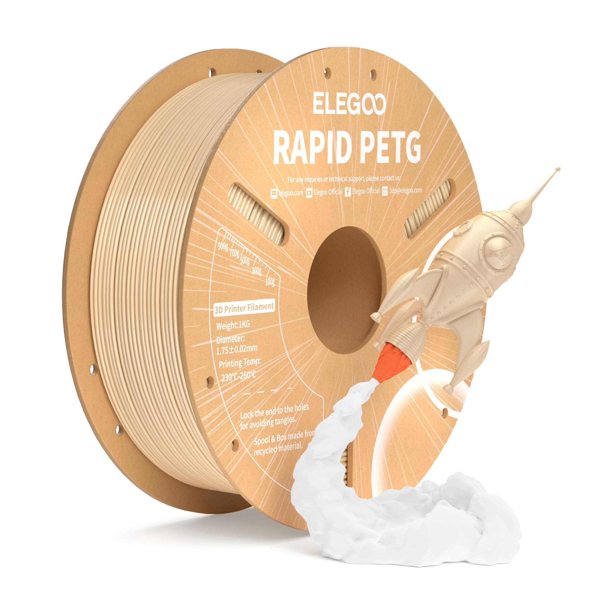ELEGOO Rapido PETG Filamento Stampante 3D 1,75mm 1kg Beige | alta velocità, 30-600mm/s, precisione dimensionale +/- 0,02mm, adatto per la maggior parte delle stampanti 3D FDM