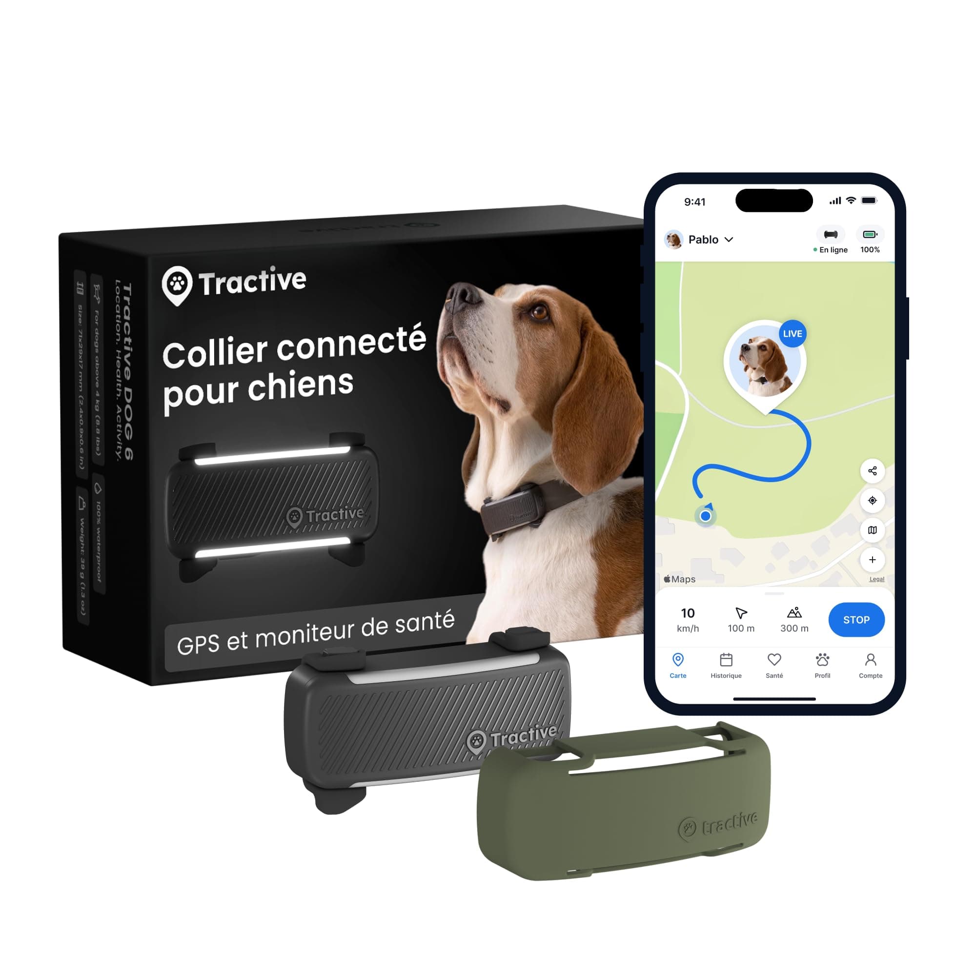 Tractive – Collier GPS Chien Connecté, Bundle avec Coque Olive | Édition 2025 | Localisation GPS en Direct | Alertes Anti-fugue et de Santé | Moniteur de Signes Vitaux | Leader du Marché (Noir)