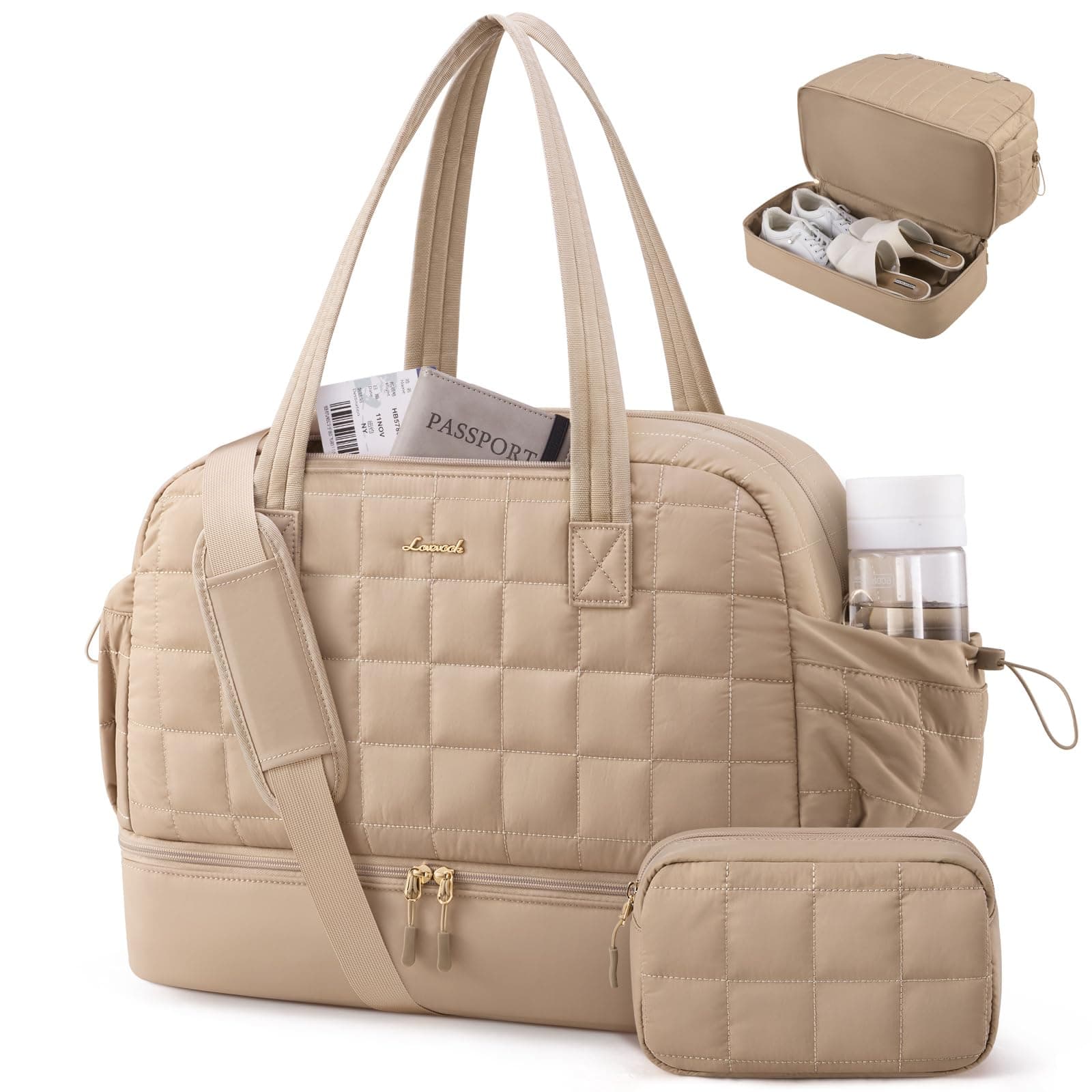LOVEVOOK Weekender Reisetasche Damen 35L, Leichte Puffer Travel Bag Kliniktasche Geburt, Wasserdicht Sporttasche mit Schuhfach & Nassfach, Handgepäck Tasche für Gym Reise Urlaub, Khaki