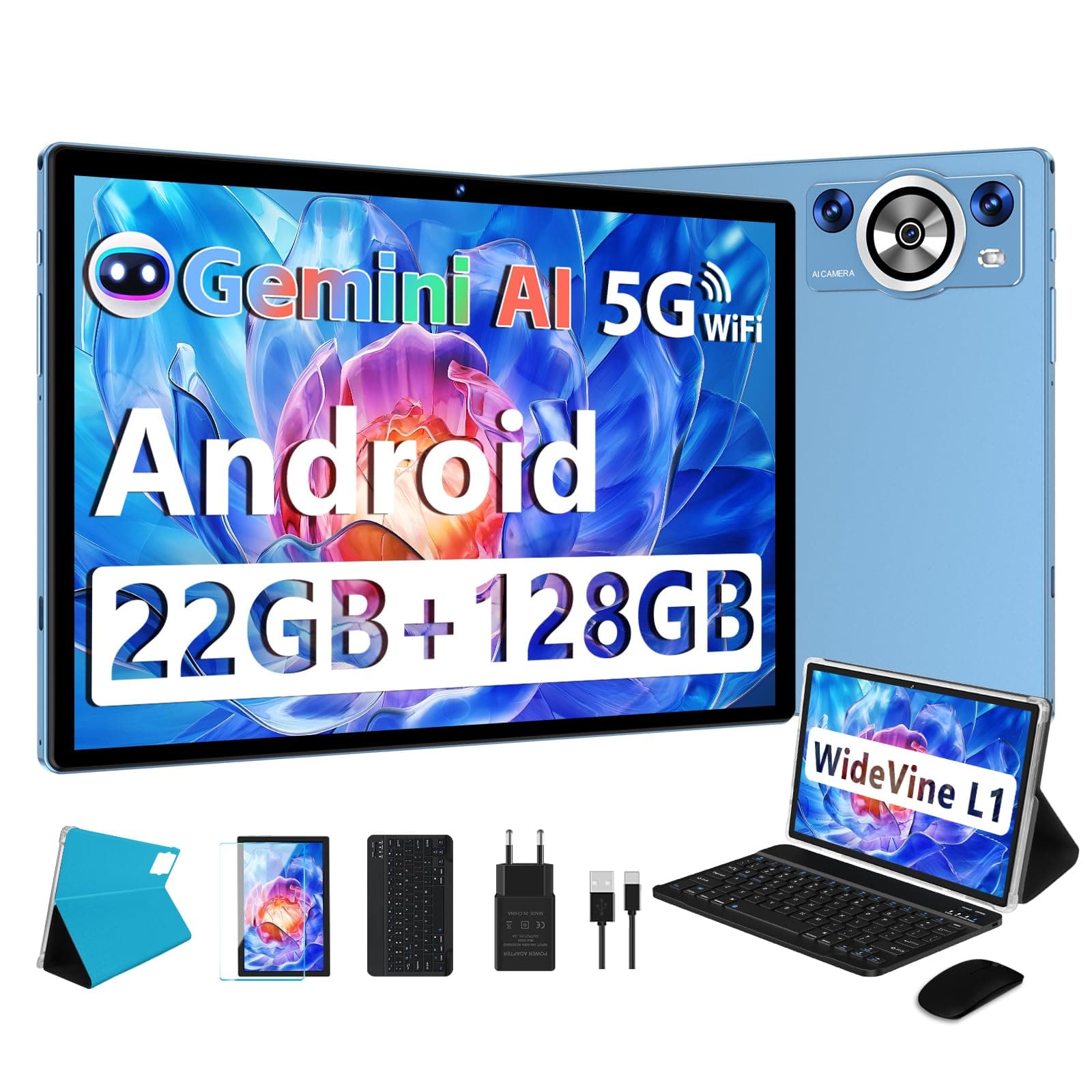 DEERTiME 2026 Tablet 10 Pulgadas Android Gemini AI, 22GB RAM+128GB ROM/TF 2TB, 8-Core 2.0 GHz, 8000mAh Batería, 5G WiFi, BT 5.0, Widevine L1, GMS, Widgets, Tablet con Funda, Teclado y Ratón - Azul