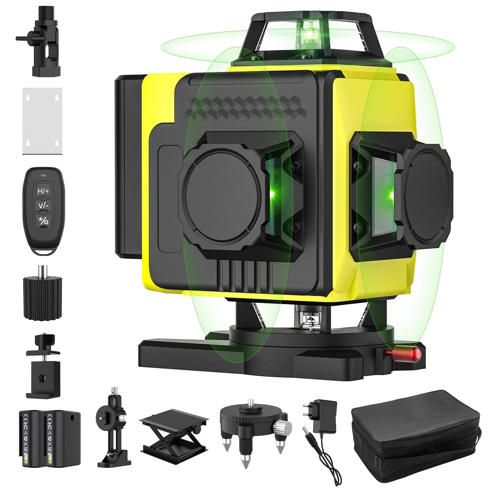 Nivel láser autonivelante 360° X 4, láser de construcción 4D con 16 líneas láser, modo de pulso para exteriores, 2 baterías, autonivelación, soporte rotativo, control remoto.(Sin Trípode)