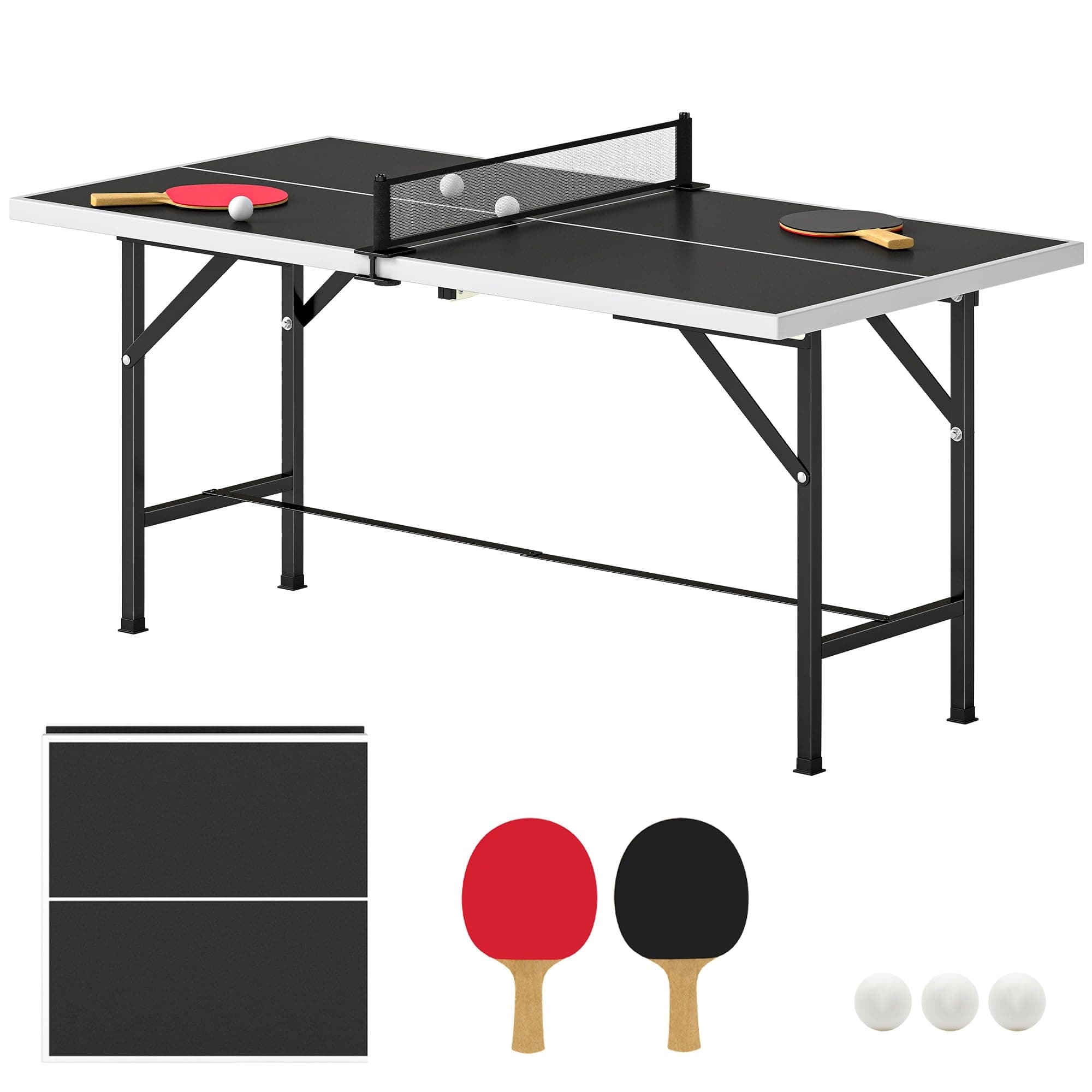 SPORTNOW Mini Table de Ping-Pong 152x76cm Pliable Intérieur Extérieur Noir | 2 Raquettes en Bois Massif, 3 Balles, Filet, Facile à Transporter, Stable, Résistant aux Intempéries