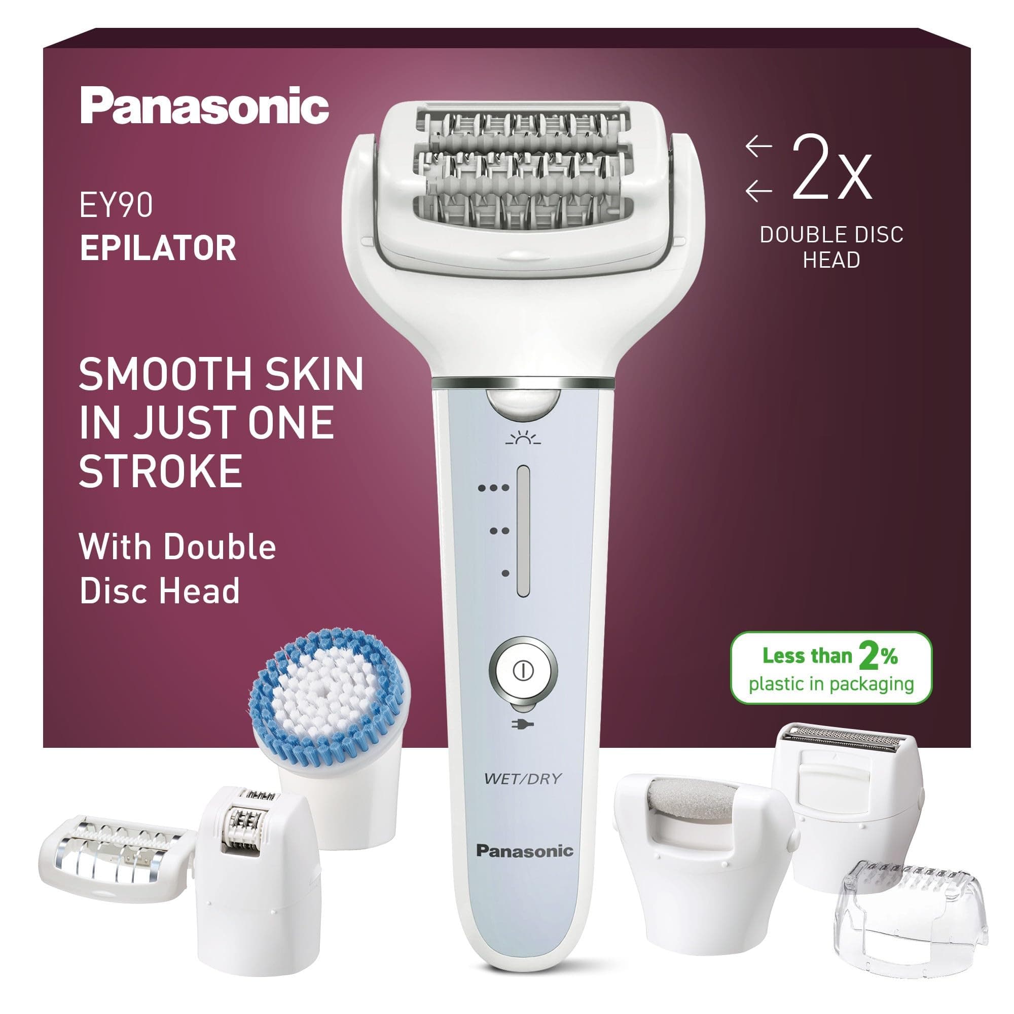 Panasonic ES-EY90-A503 Húmedo y Seco Depiladora, Doble Disco con 60 Pinzas, Flexible 90º Pivotante Cabeza, 3 velocidad Ajustes, LED Luz, 30 Min de Operación, Cabeza para Cuidado Pies, Cabeza Afeitado