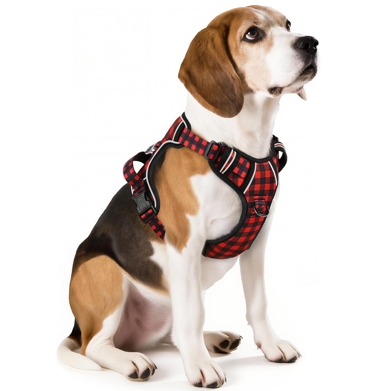 HEELE Harnais Chien, Harnais Chien Anti Traction, Réfléchissant, avec Poignée Rembourrée Contrôl, 2 Anneaux Métal, Harnais pour Petit Moyen et Grand Chien, Noir-Rouge Plaid, M