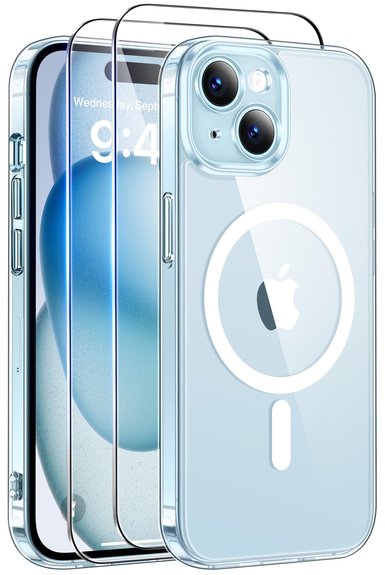 Qasyfanc Coque Magnétique pour iPhone 15 Compatible avec MagSafe avec 2 Verre trempé Protection écran, Anti-Jaune Antichoc Caméra Protecteur pour iPhone 15-Transparente