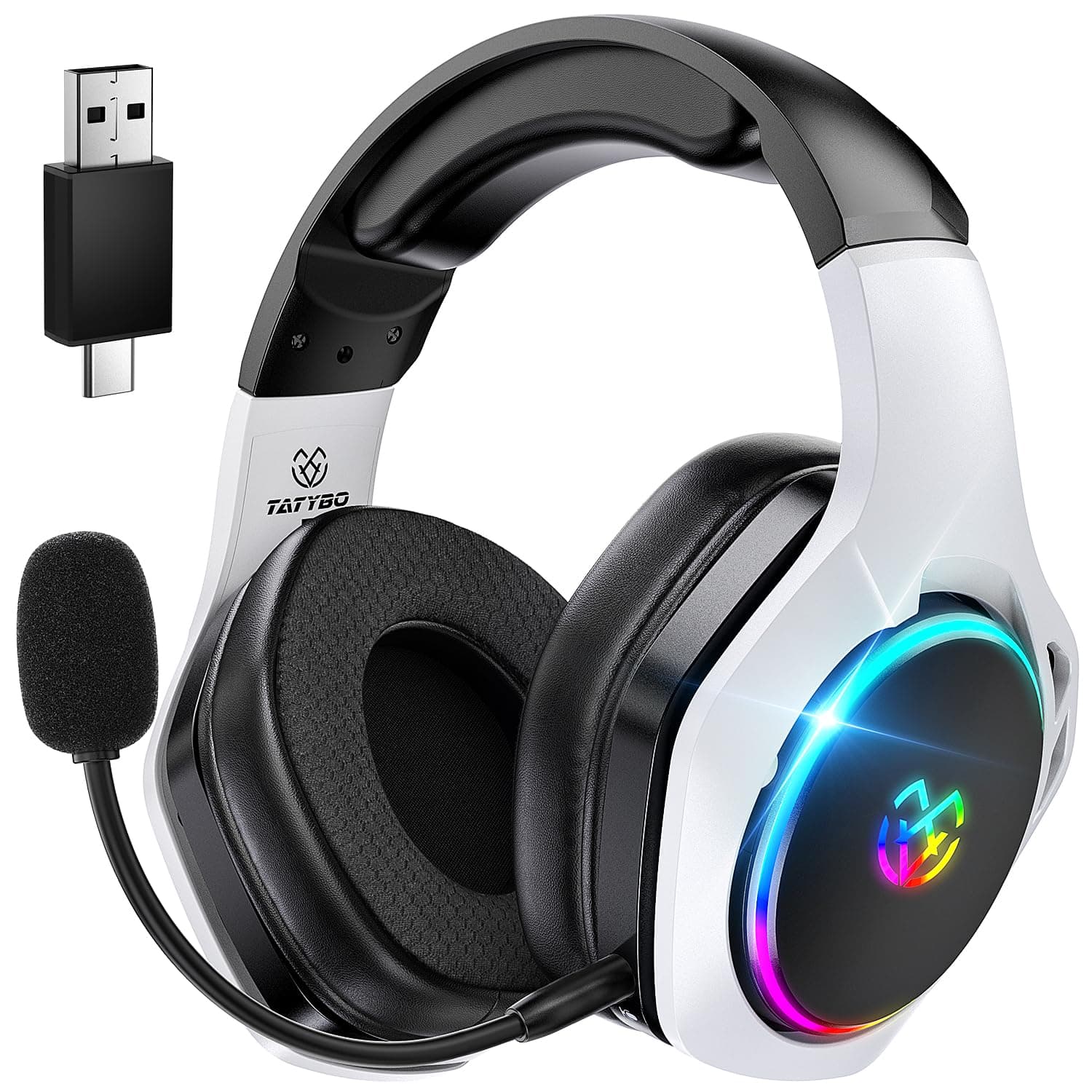 Tatybo Cuffie Gaming Wireless per PC/Ps5/Ps4, Cuffie Wireless con Microfono 2,4 GHz+Bluetooth 5.4 Dual Mode, Suono Surround 7.1, Latenza Ultrabassa, Durata 40 Ore+