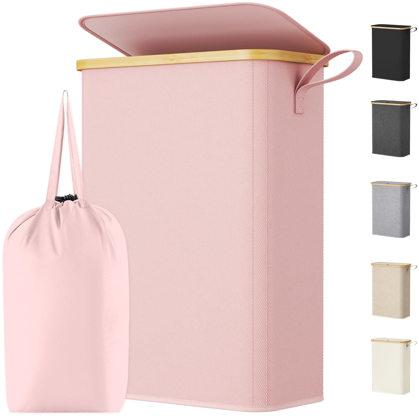 Lifewit Cesto Ropa Sucia Estrecho con Tapa, Cesto de Ropa Plegable con Bolsa Extraíble y Asa, Cesta Ropa Sucia de Bambú, Cubo de Ropa para Dormitorio, Baño, Lavandería, Dormitorio, 50 L, Rosa