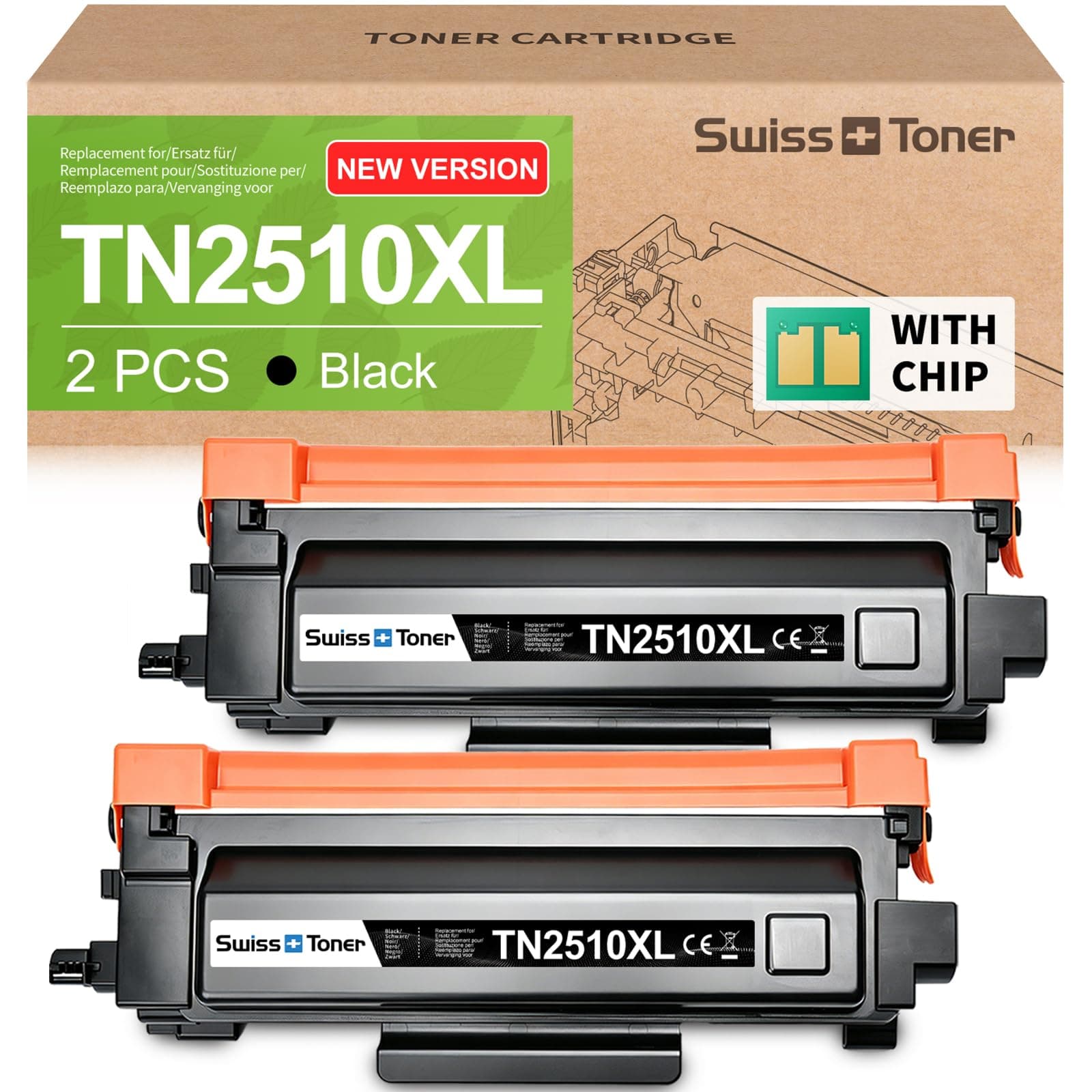 swiss toner TN2510XL TN2510 MFC-L2800DW Toner MFC-L2827DW HL-L2400DWE 2Nero | Compatibile per Brother MFC-L2800DW per Toner Brother MFC-L2827DW HL-L2400DWE HL-L2445DW MFC-L2835DW DCP-L2620DW DCP-L2665DW