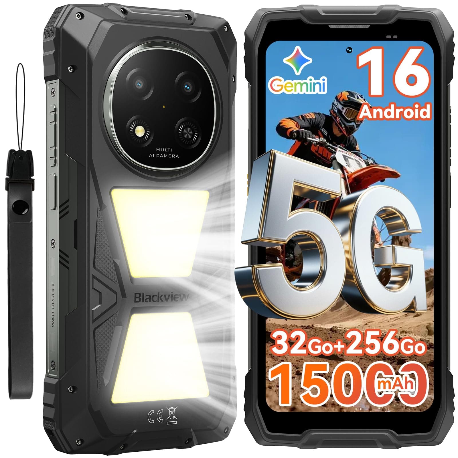 Blackview Rock 2 Pro Téléphone Incassable, Android 16 Smartphone Incassable 5G 32GB+256GB, 6.67" HD+ Display 120Hz 15000mAh IP69K, 16MP+13MP AI Kamera, NFC/OTG/GPS/Gemini AI/Glove Mode 2.0