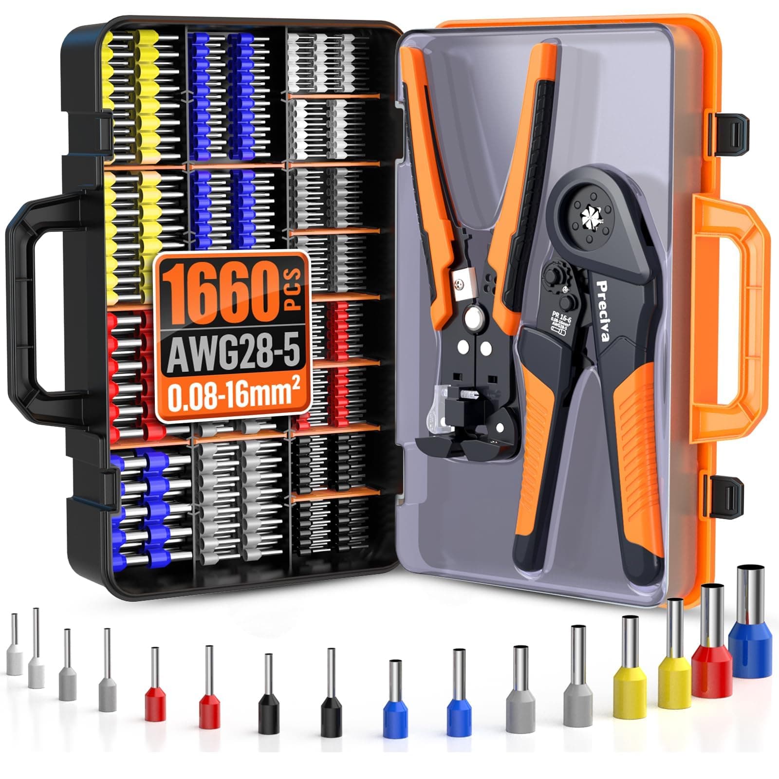 Preciva Kit Pince à Sertir avec Pince à Dénuder & 1660 Cosses, 0,08‑16 mm² (AWG28‑5) | Cosses Isolées et Non Isolées | Coffret Portable pour Travaux Électriques