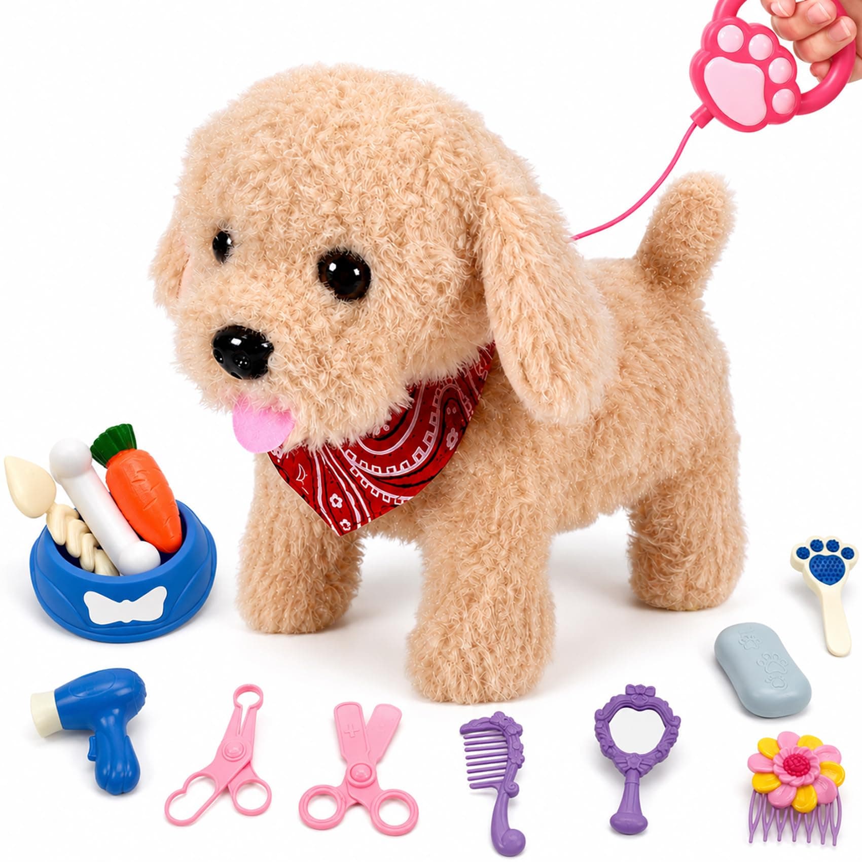 GOBRILLFUN Jouet interactif pour Chien en Peluche : aboiements réalistes, Queue Qui remue, kit de toilettage, pour Enfants âgés de 3 à 6 Ans (Brauner Welpe)