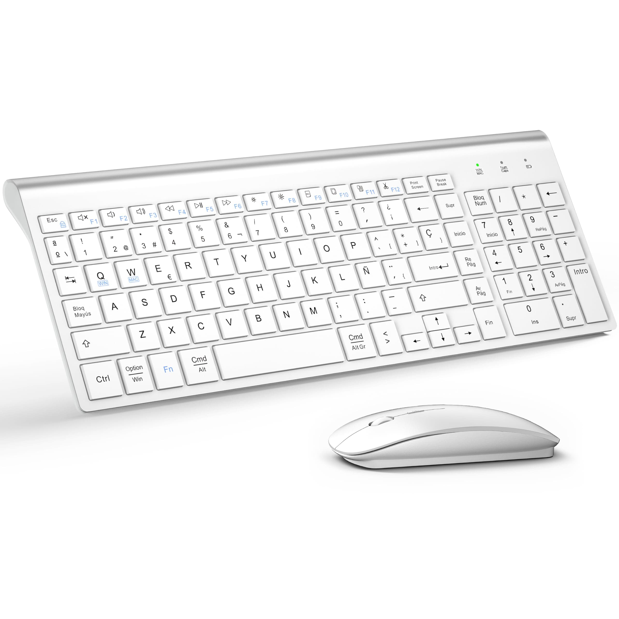 Combo Teclado y Ratón Inalámbrico Ultradelgado, Doble Sistema - Blanco Mate | TopMate 2.4G Compacto Silencioso 2400DPI Teclado de Tamaño Completo con Cubierta, Baterías Incluidas, para Laptop/Windows/Mac