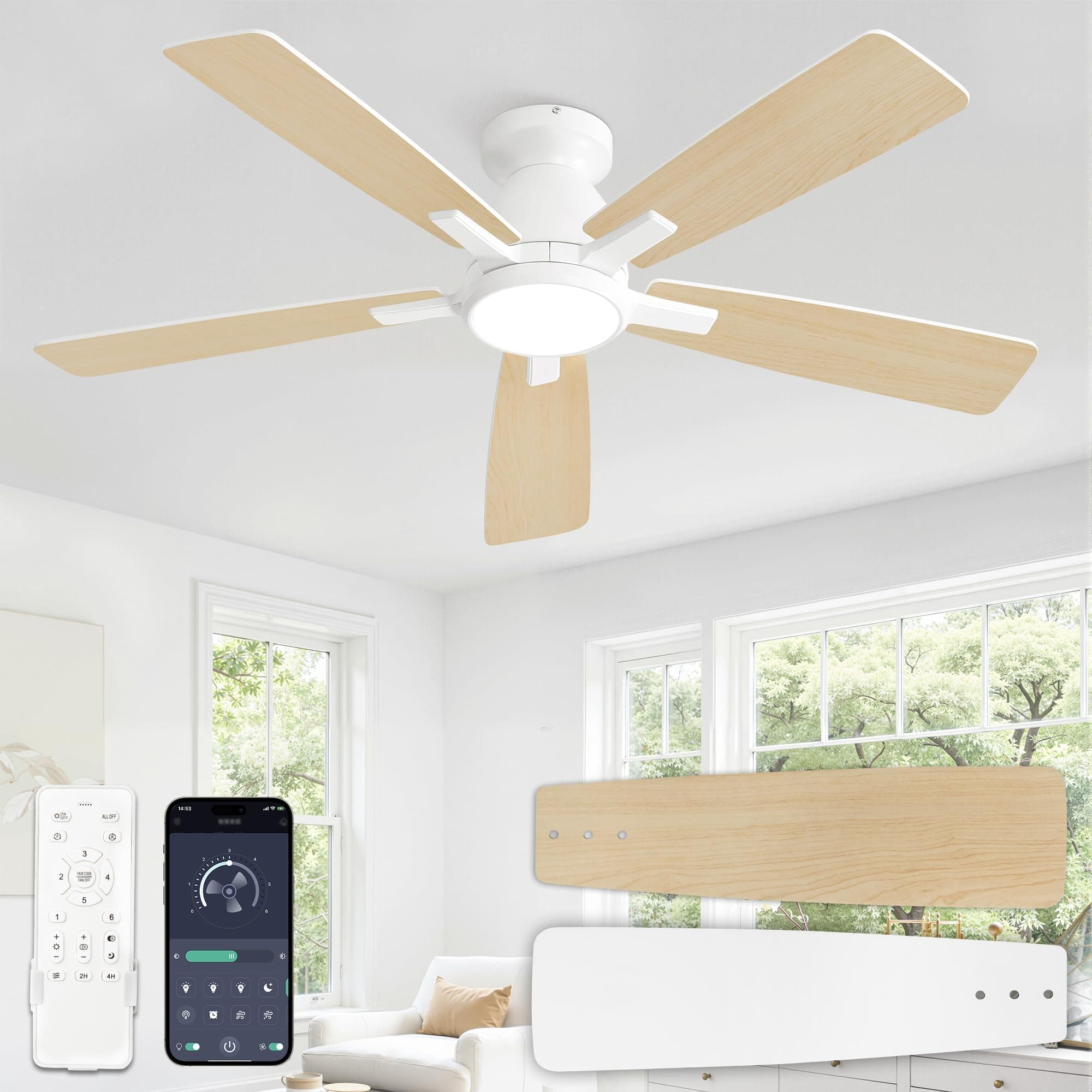ZMISHIBO Ventilador de Techo con Luz Ø117 cm,Motor DC Silencioso y Reversible,Luz LED Ajustable 3000K-6000K,Lámpara Ventilador Techo con Control Remoto/App,Regulable 10–100%,6 Velocidades