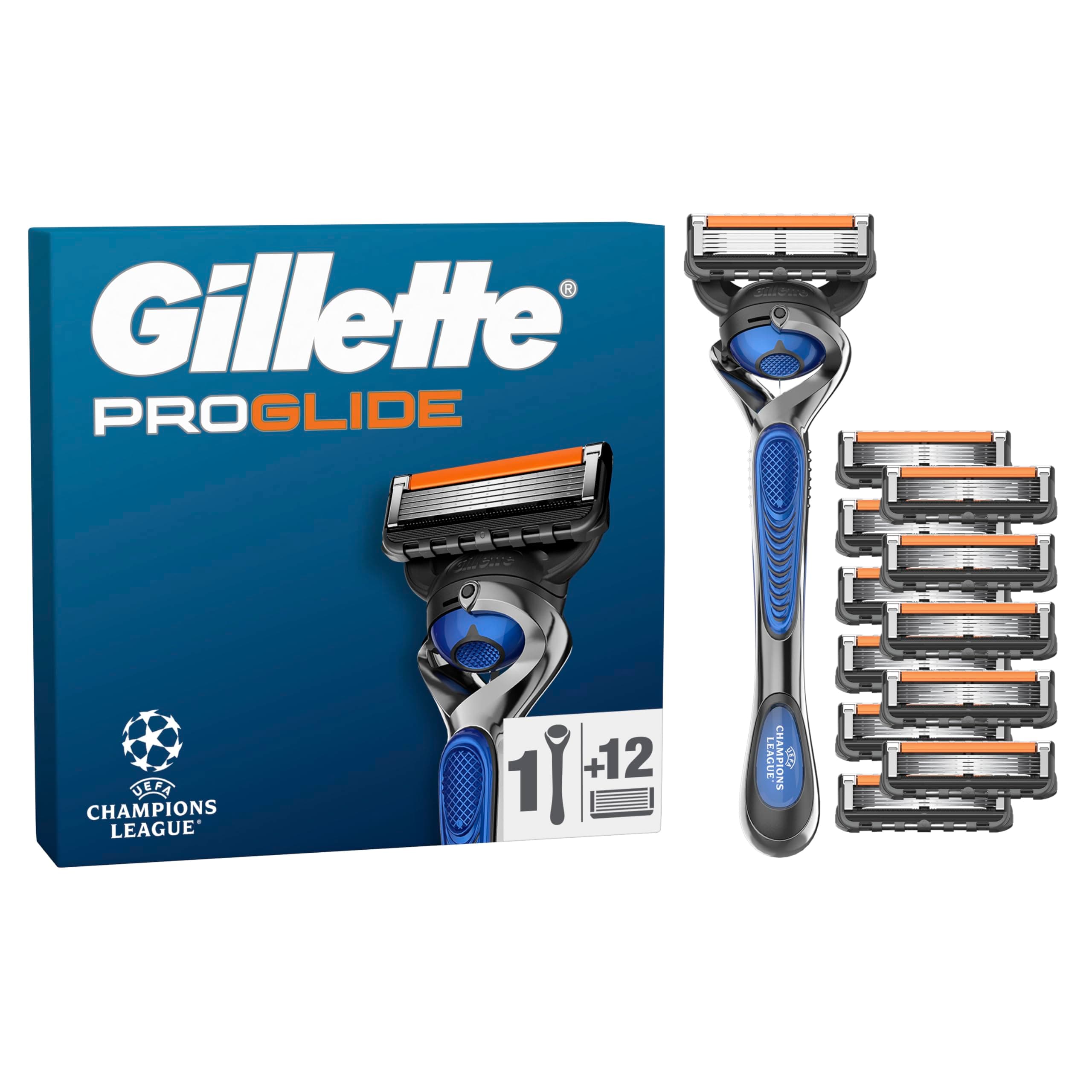 Gillette Proglide UEFA Champions League Special Edition Maquinilla De Afeitar Para Hombre, 1 Mango + 12 Recambios, Con Doble Lubricación Antes Y Después De Las Hojas, Nueva Banda Lubricante