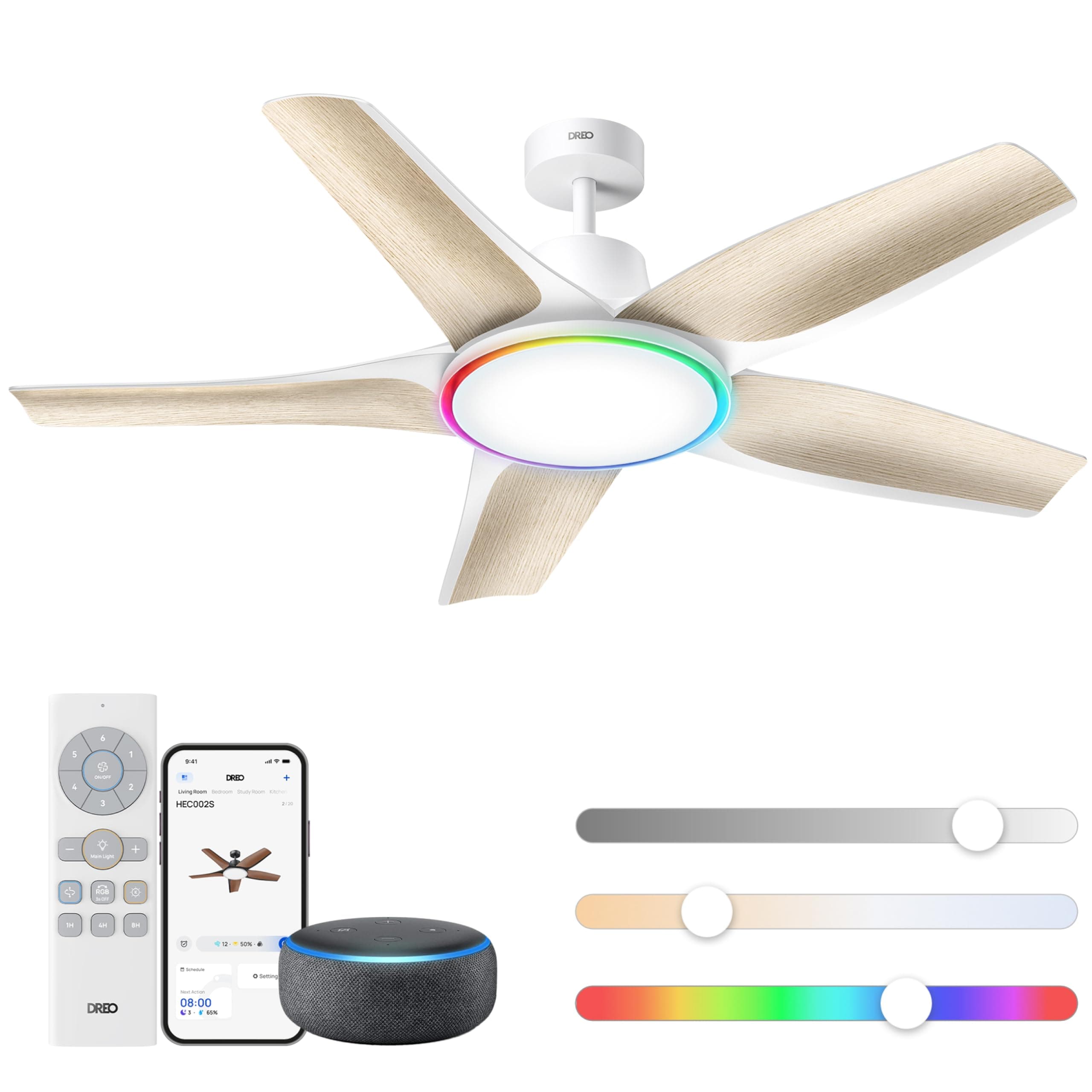 DREO ventilateur de plafond intelligent à profil bas avec lumière 132 cm, LED dimmable à température de couleur réglable, éclairage d’ambiance RGB, moteur CC silencieux, installation facile, blanc,APP