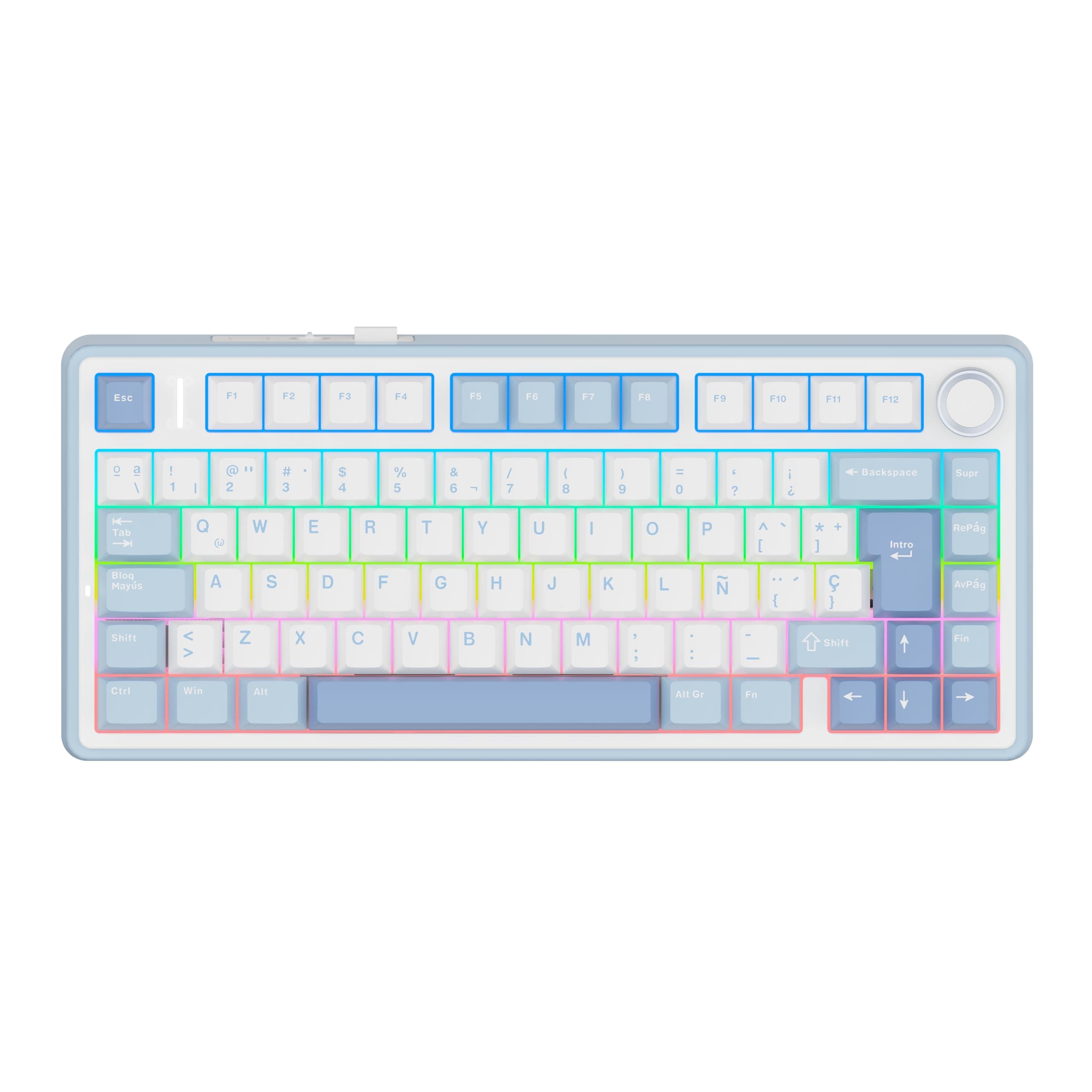 EPOMAKER Aula F75 ISO-ES Teclado Mecánico Español con Perilla, Teclado Inalámbrico Gaming, BT/2.4G/USB, Gasket Cremoso, Retroiluminación RGB, Hot-Swap, 75%, PBT Keycap (Azul Sal Marina)