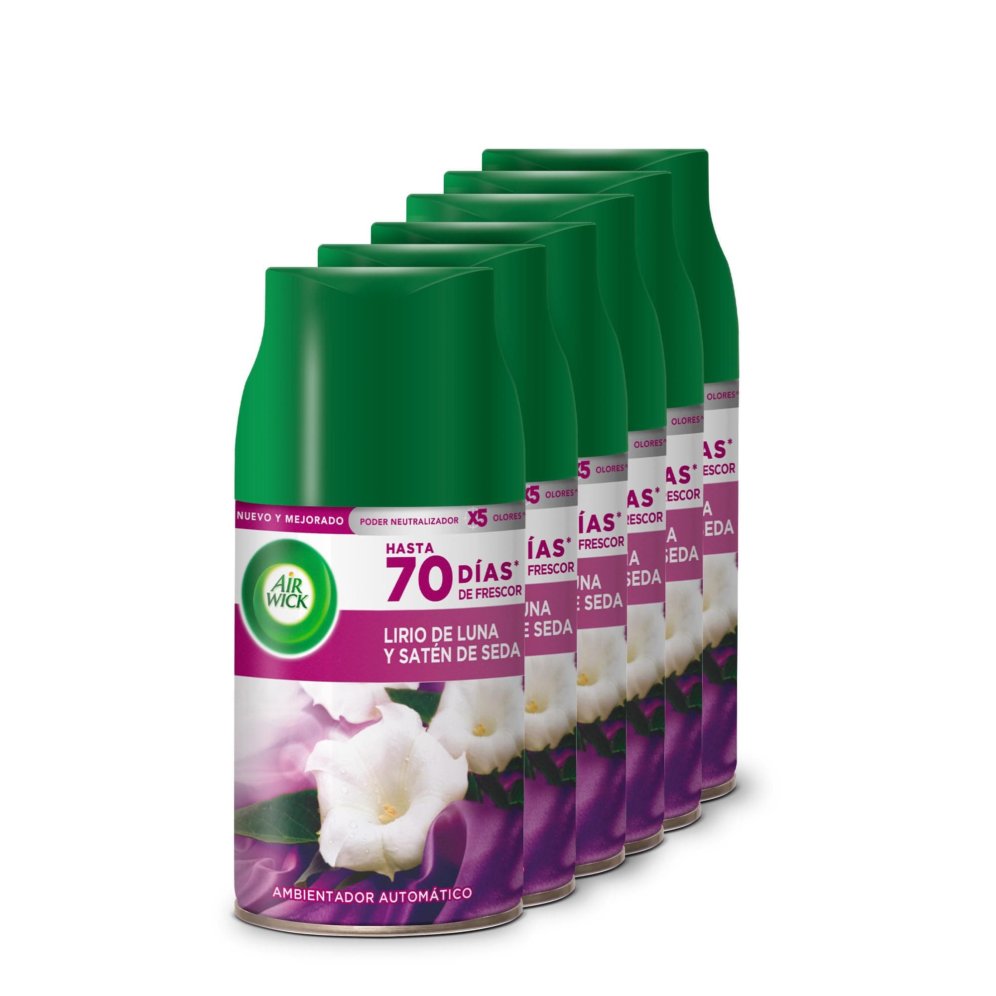 Air Wick Freshmatic - Recambios de ambientador Spray automático, Esencia para casa con Aroma a Lirio de Luna y Satén de Seda - Pack de 6, 1500 mililitro