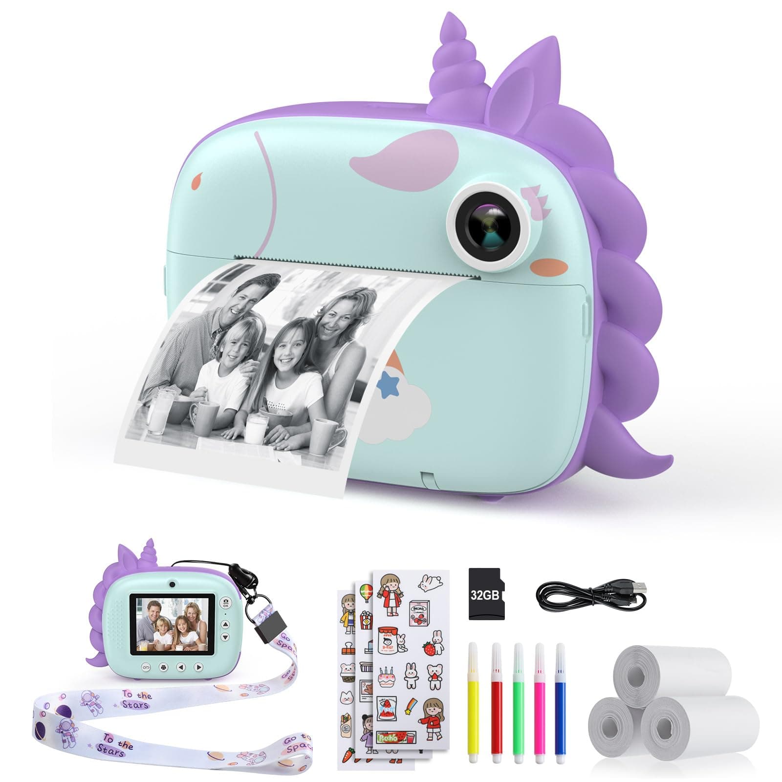 HiMont - Cámara infantil digital instantánea con papel de impresión y tarjeta TF de 32 GB, cámara de vídeo, lápices de colores, clips de fotos para manualidades, regalo, de 3 a 14 años, color verde