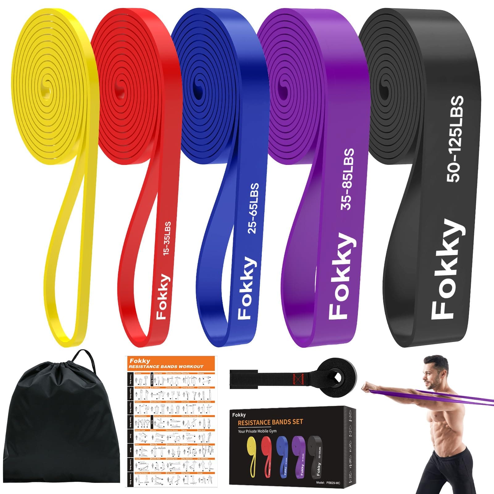 Fokky Elastique Musculation, Bande Élastique Musculation avec 5 Niveaux Différents,Elastique Sport et Ancre de Porte,Guide d’Exercices pour Musculation,Étirement,Callisthénie,CrossFitness