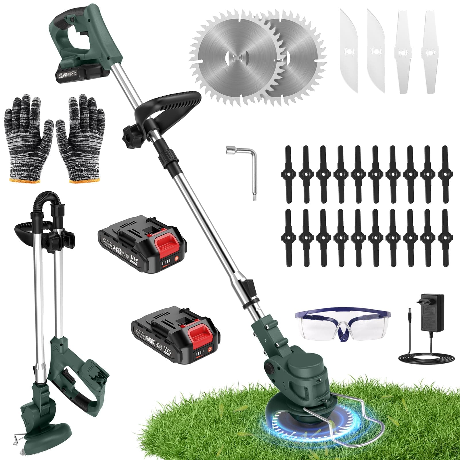 Debroussailleuse Electrique sans Fil 850W Rotofil Batterie 1.8kg Pliable 60cm Manche Telescopique 2X 2000mAh 26 Lames 4 Types pour Entretien Jardin (Vert Lierre)