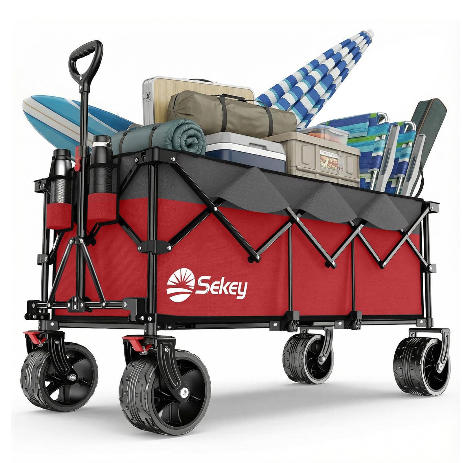 Sekey XXXL Carrello Spiaggia Ruote Grandi 300L 200KG, Carrello Pieghevole con Ruote Extra Larghe 17x10 cm a Tutti i Terreni, Brevettato Pieghevole da QUATTRO Direzioni SE4013, Grigio con Rosso