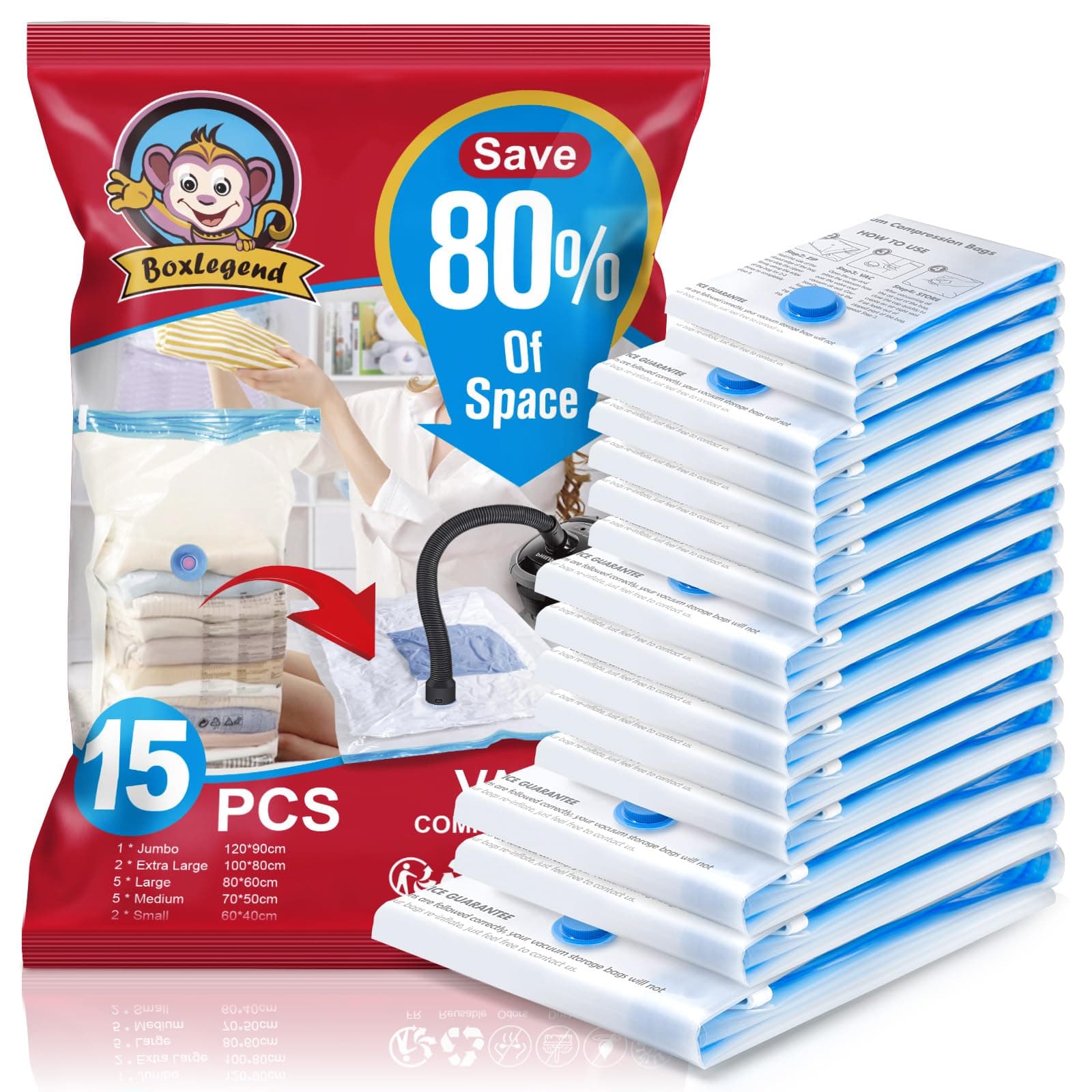 BoxLegend Sacs de Rangement Sous Vide Aspirateur Housses de Rangement Sous Vide Lot de 15 1XXL + 2XL + 5L + 5M + 2S Voyages Réutilisables pour Matelas, Vêtements, Couettes, Literie, Oreillers