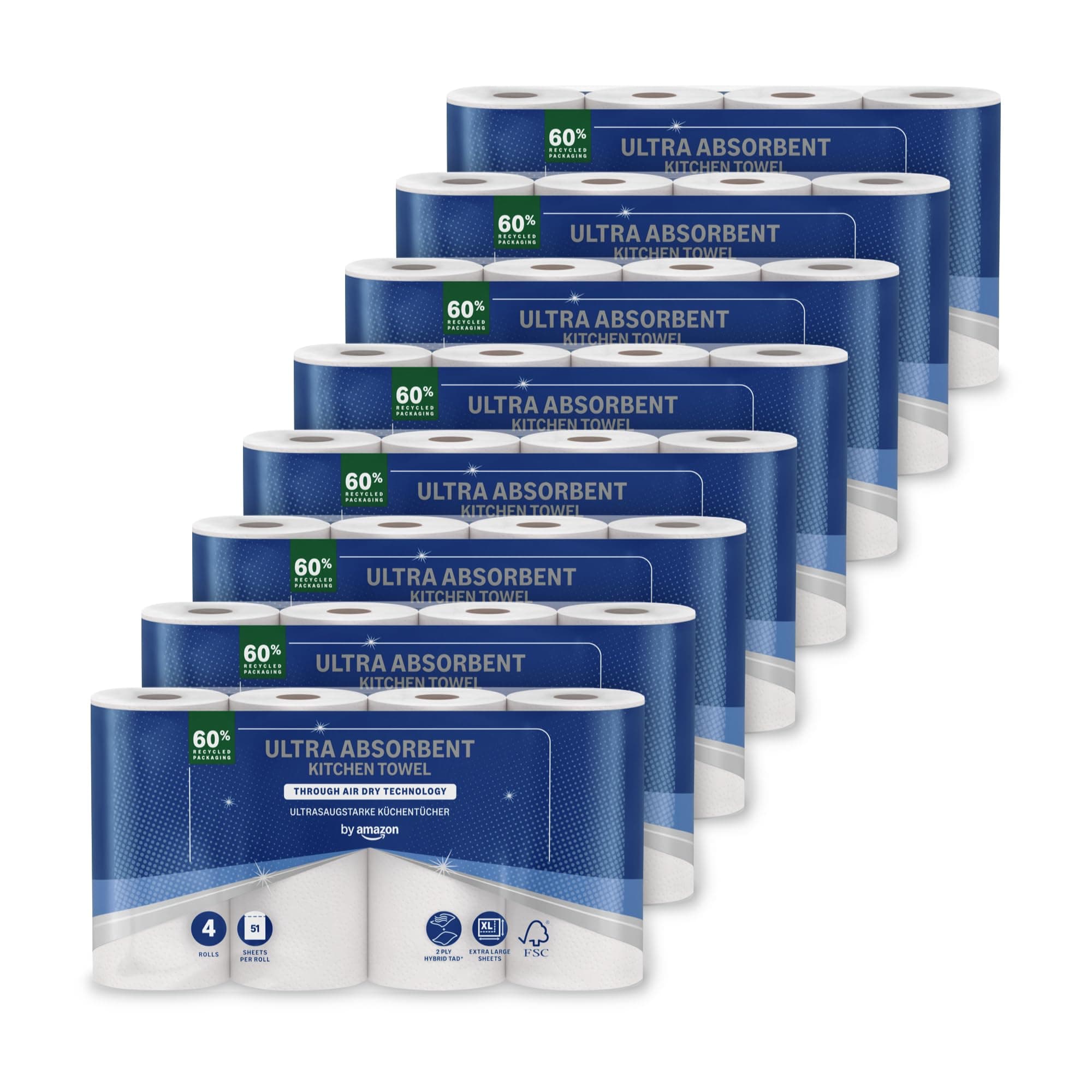 by Amazon Essuie-tout Ultra Absorbant à Séchage par Air Traversant, 32 Rouleaux (8 Paquets de 4), 51 Feuilles par Rouleau, (Anciennement "Presto!")