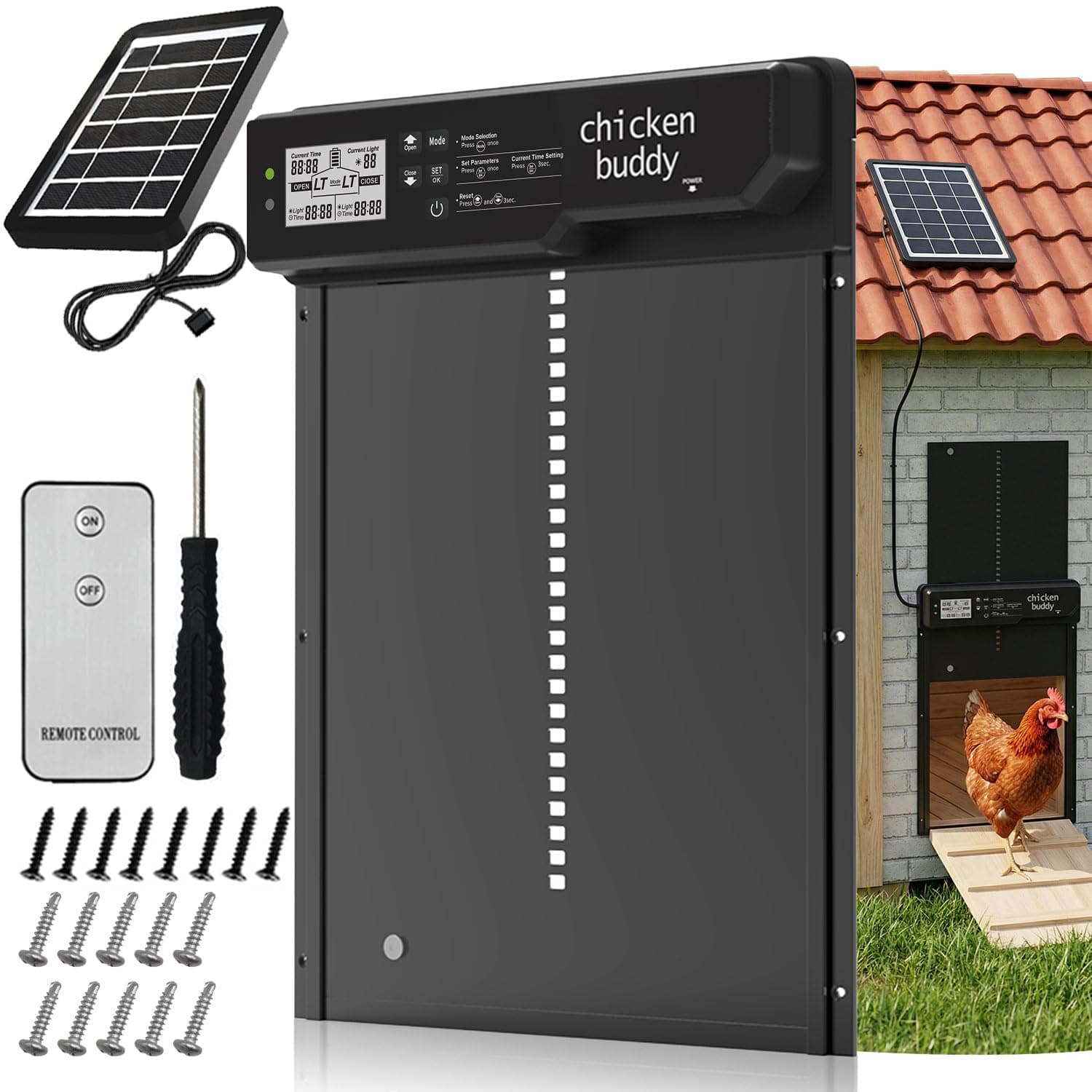 Grande Porte Automatique Poulailler Solaire en Alliage d’Aluminium, avec Télécommande, Capteur de Lumière, Minuterie, Sécurité Anti-Pincement, IP65 Étanche, Chargement Solaire ou Batterie, Écran LCD