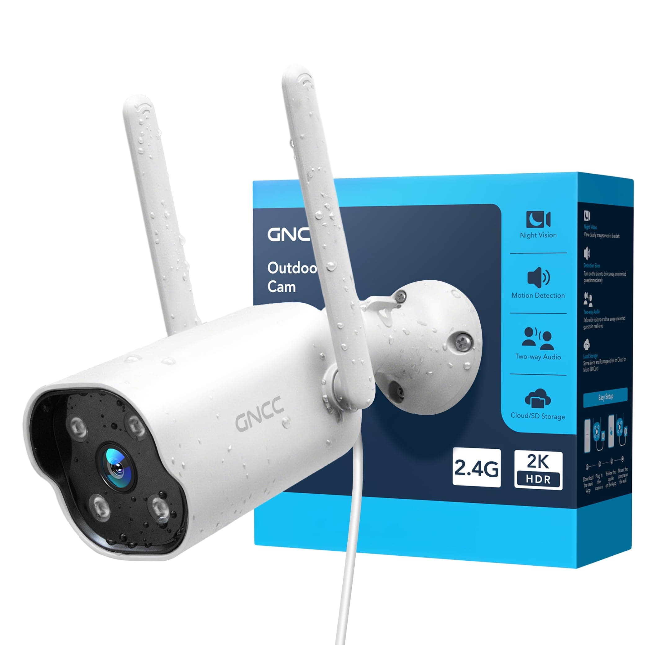 GNCC Telecamera WiFi Esterno Fisso, 2K Videocamera Sorveglianza, Rilevamento Movimento, Solo WiFi a 2,4 GHz, Impermeabile IP65, Archiviazione Cloud, Audio Bidirezionale, Sirena, 24/7, Plug-in