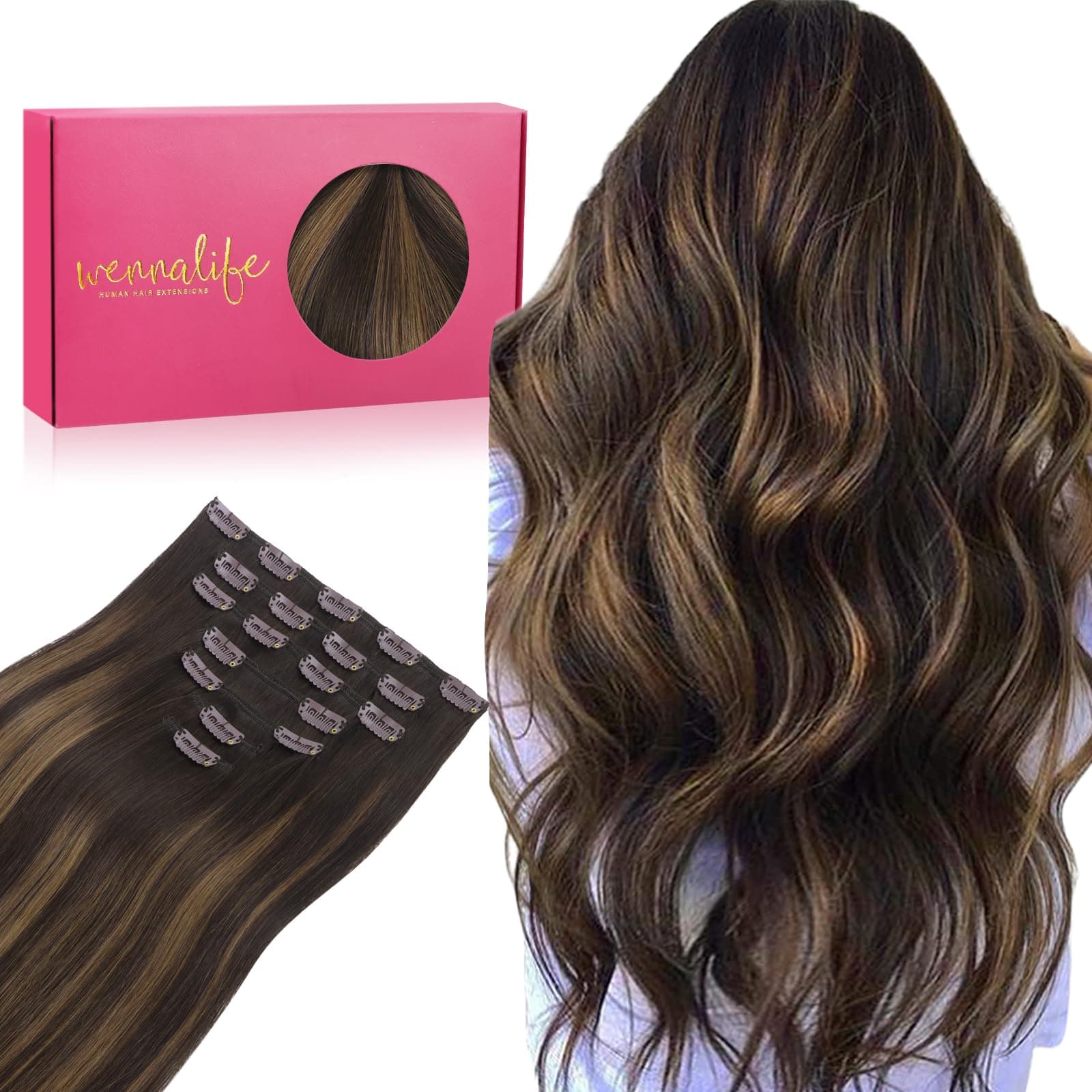 WENNALIFE Extension a Clip Cheveux Naturel, 45cm 120g 7pcs Extension Cheveux Naturel Clip Cheveux Humains, Balayage Marron Foncé Mixte Marron Châtaigne Extention de Cheveux Humains Vrai Cheveux