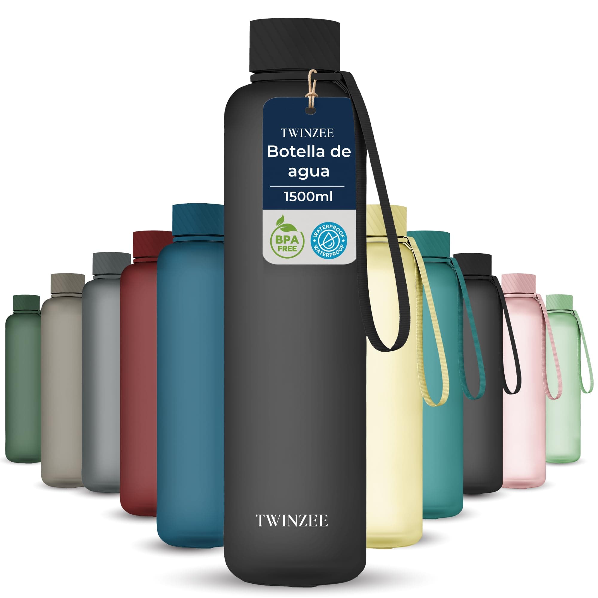 Twinzee Botella Agua 1,5 litro - Sin BPA & Antigoteo, Botella de Agua Deportiva, Oficina, Colegio, Gym, Cantimplora - Tritan Water Bottle, Negro