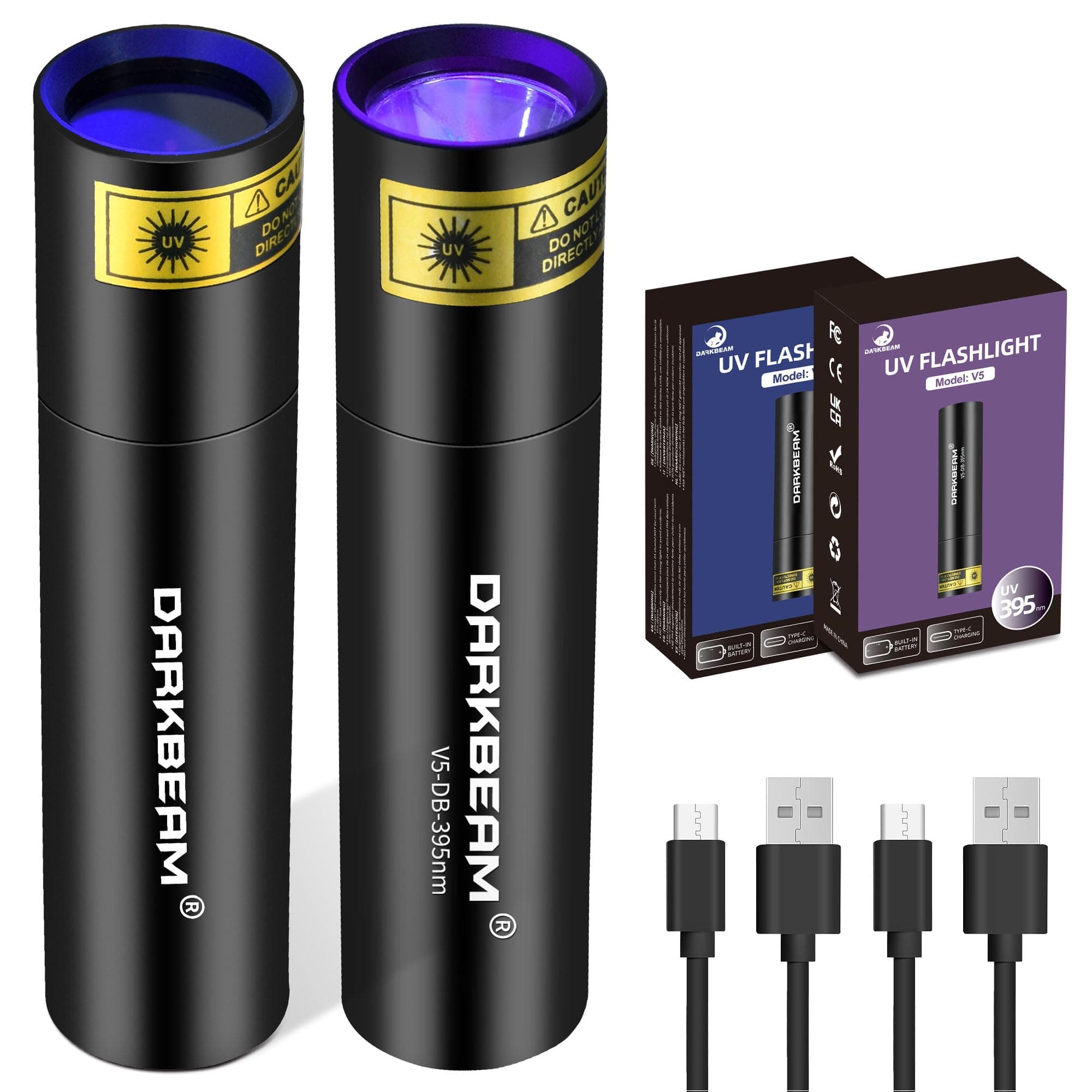 DARKBEAM Torcia UV 365nm e Torce Luce nera 395nm ultravioletta, Lampada di Wood Mini Portatile Potente Blacklight Ricaricabile USB, per Rilevare di urina cane, vetro all'uranio, ambra, resina, 2 Pezzi